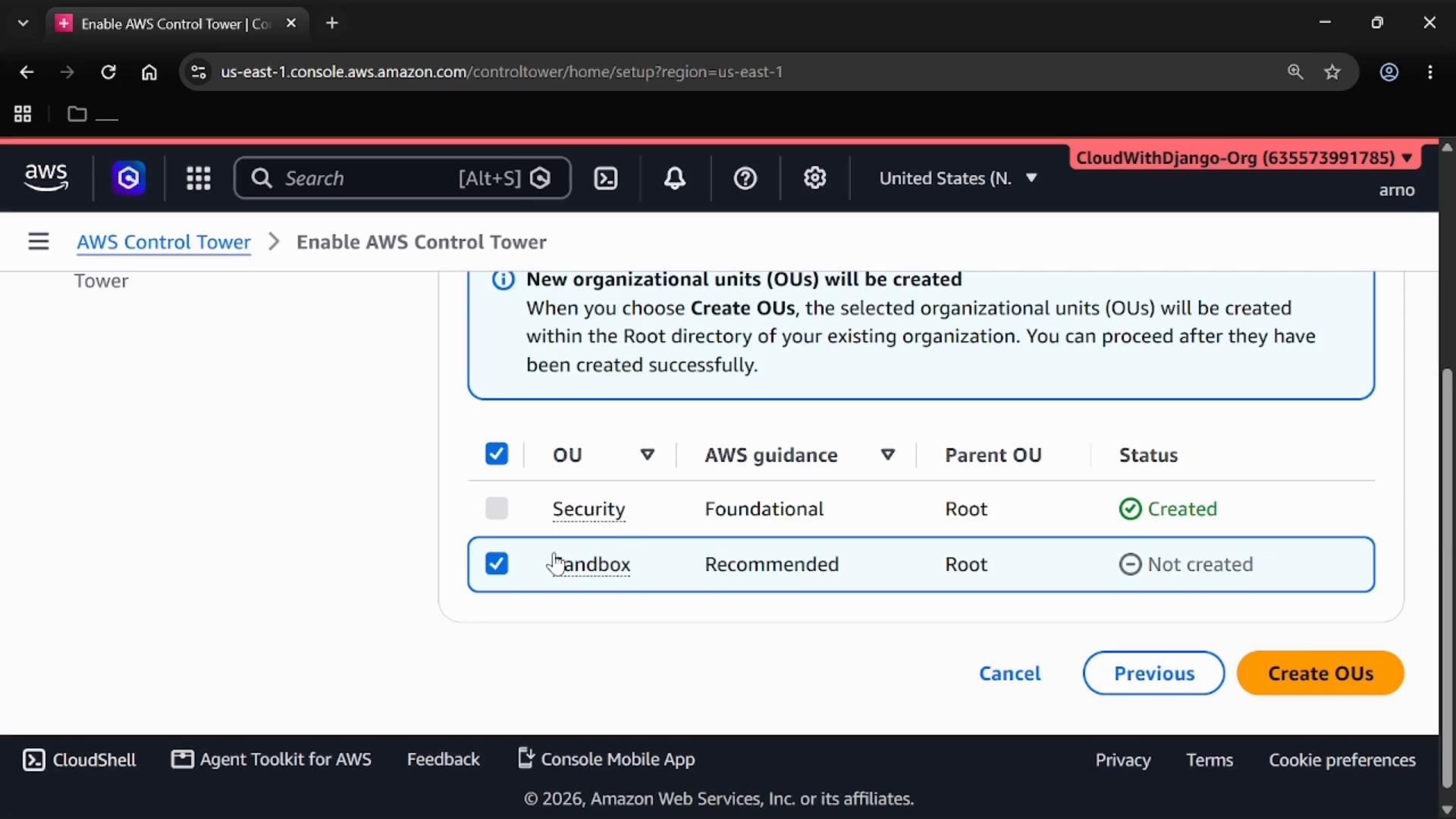 A screenshot of the AWS Control Tower setup page in the AWS console. It shows organizational units (Security marked Created, Sandbox Not created) with Cancel, Previous and Create OUs buttons.