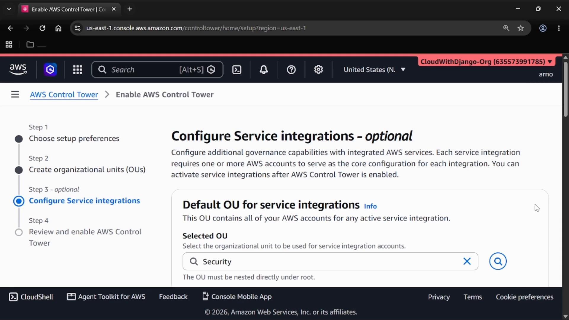 A screenshot of the AWS Control Tower web console showing the "Configure Service integrations — optional" setup page, with the left stepper highlighting Step 3 and a form to select the Default OU for service integrations. The browser top bar and account name (CloudWithDjango-Org) are visible.