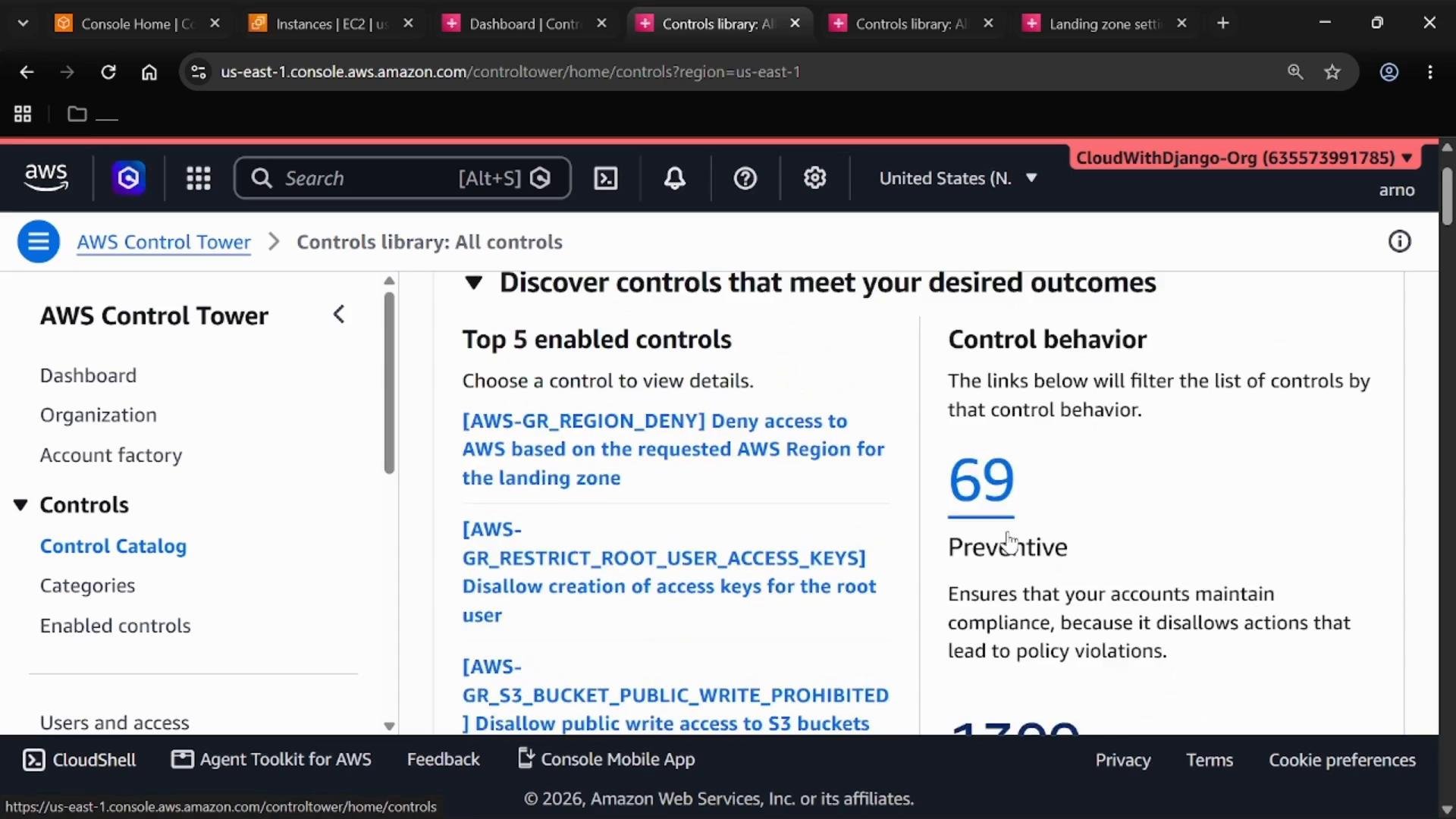 A screenshot of the AWS Control Tower web console showing the Controls library page, with a left navigation menu and a list of the "Top 5 enabled controls." The right panel displays control behavior statistics (showing "69 Preventive") and related details.
