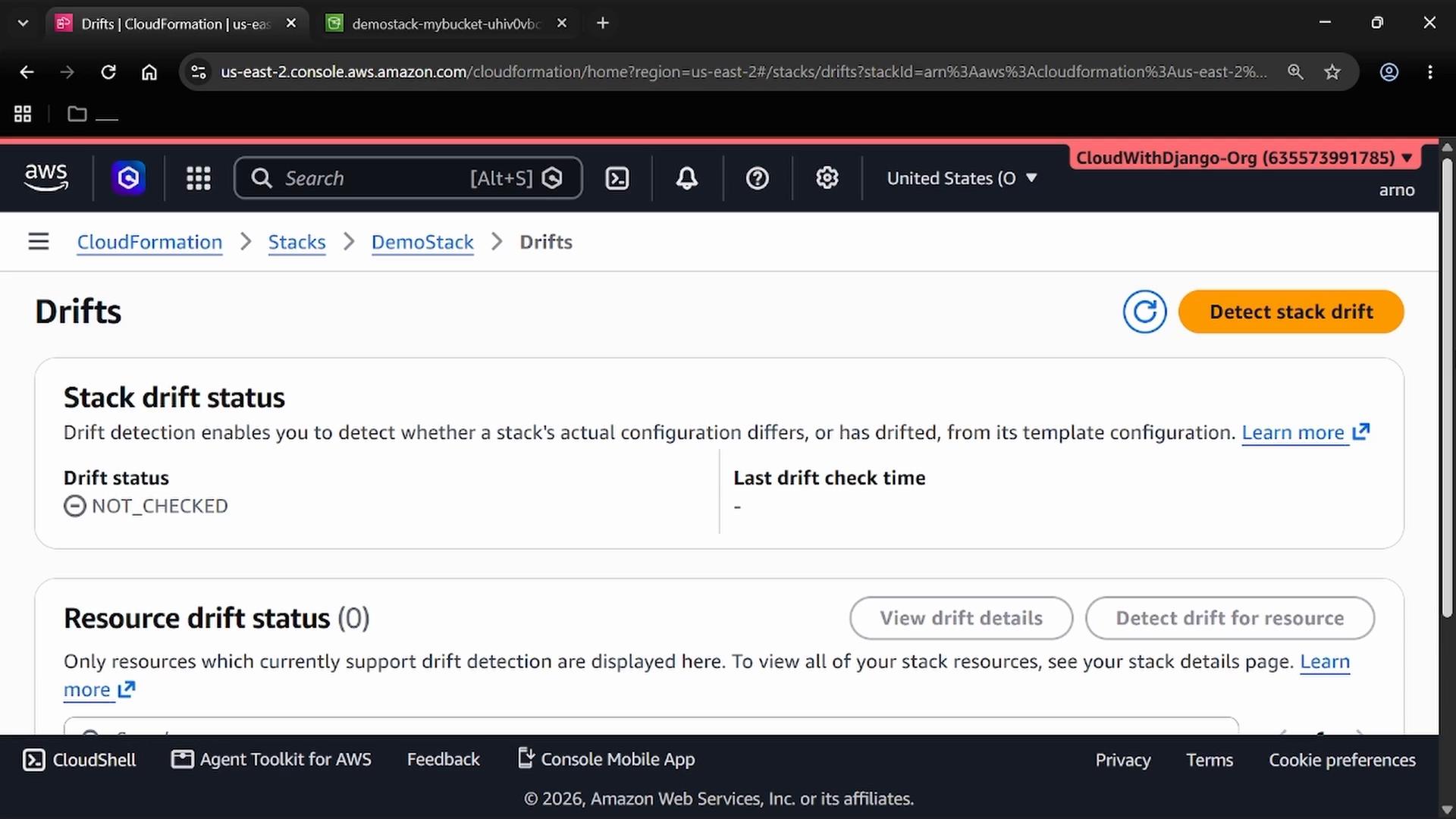 A screenshot of the AWS CloudFormation "Drifts" page for a stack showing the Stack drift status as NOT_CHECKED and a prominent "Detect stack drift" button. The Resource drift status section is visible below.