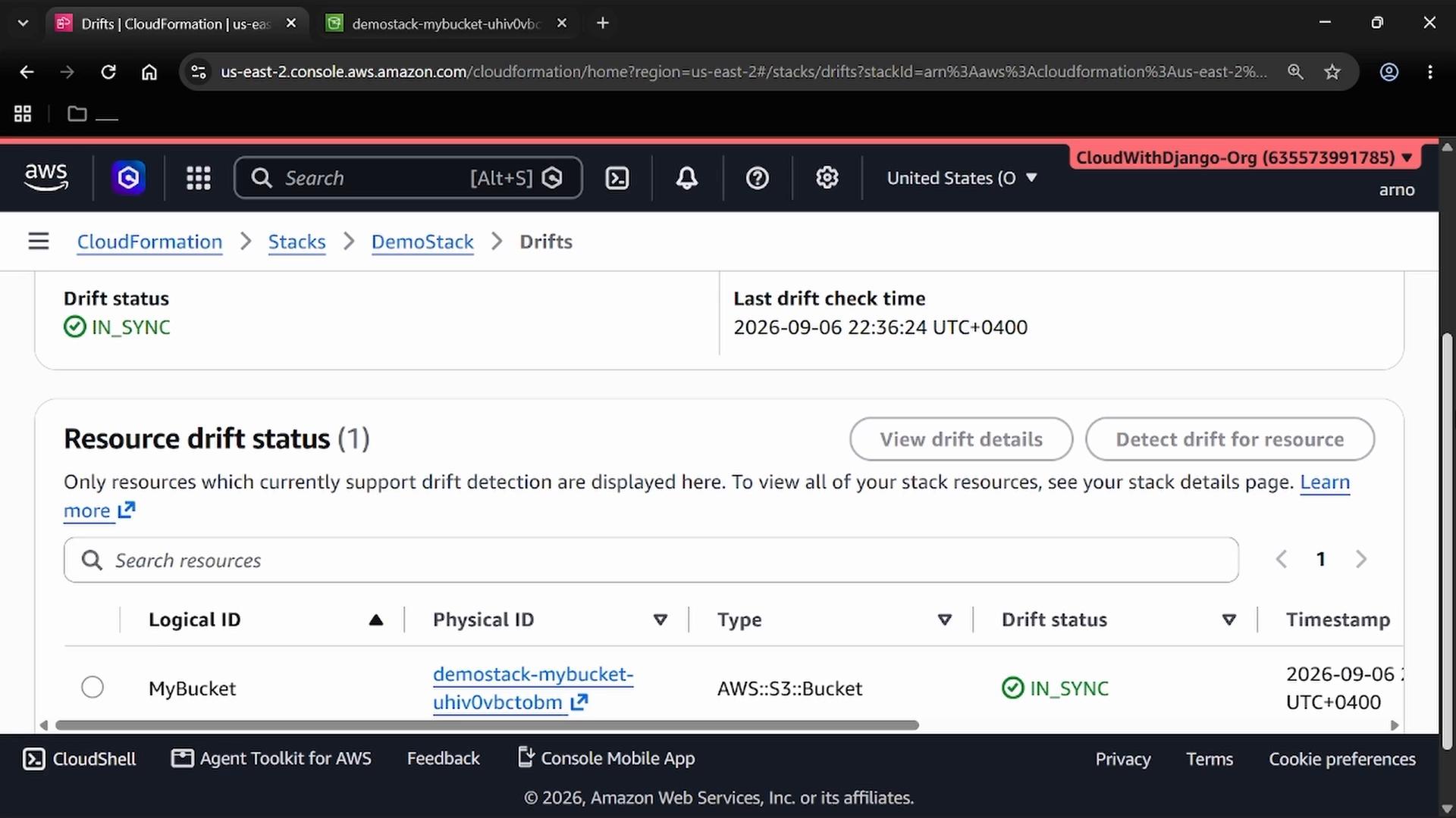 A screenshot of the AWS CloudFormation console showing the "DemoStack" Drifts page with drift status "IN_SYNC" and a listed resource "MyBucket" (AWS::S3::Bucket). The last drift check time is displayed along with buttons to view or detect drift details.