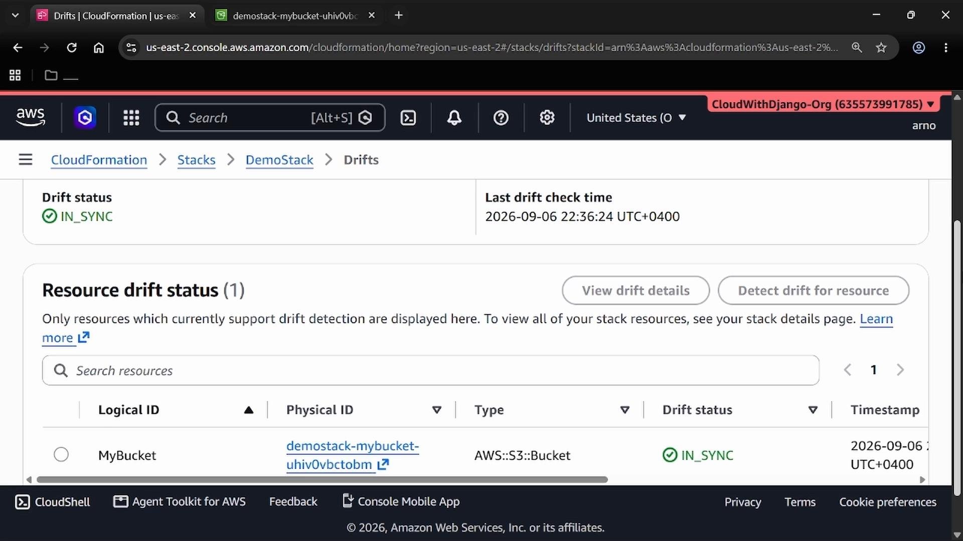 A screenshot of the AWS CloudFormation console showing the "DemoStack" Drifts page with drift status "IN_SYNC" and a listed resource "MyBucket" (AWS::S3::Bucket). The last drift check time is displayed along with buttons to view or detect drift details.