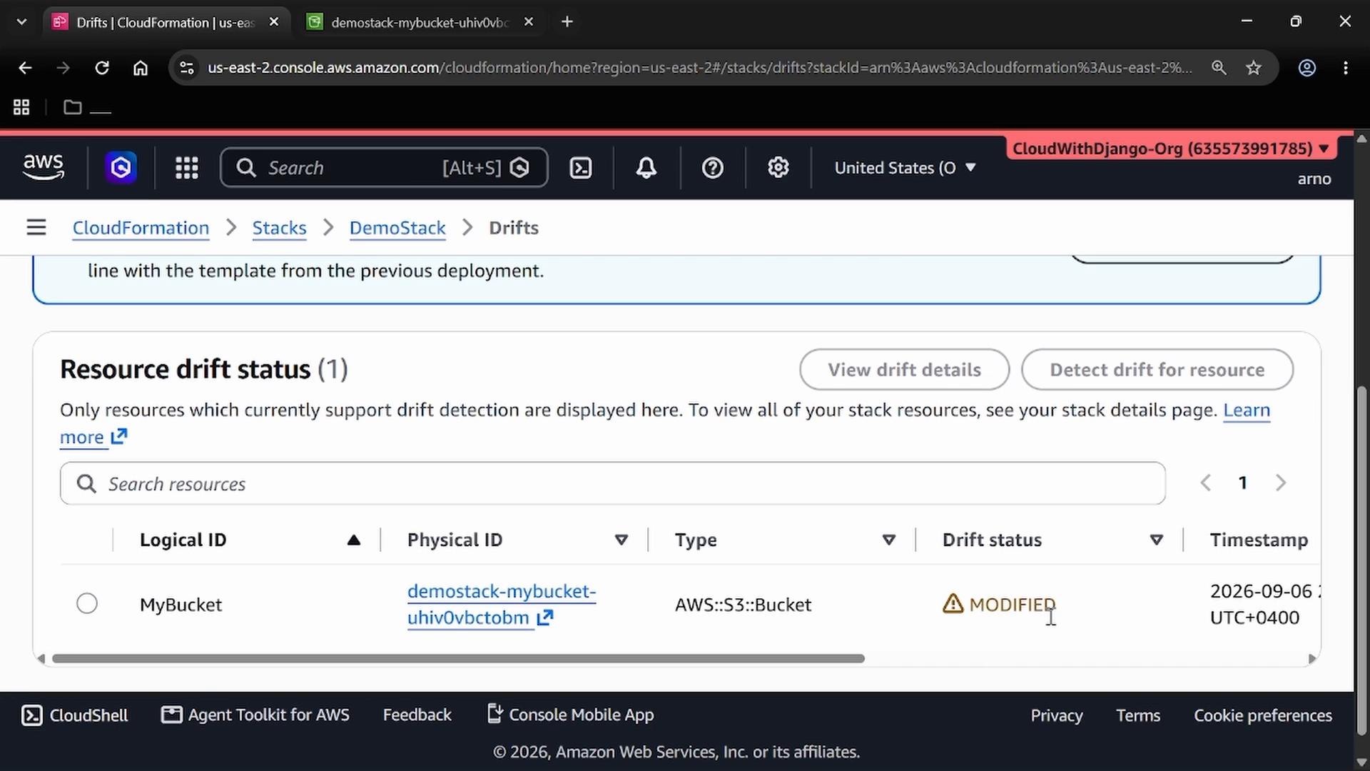 A screenshot of the AWS CloudFormation "Resource drift status" page for a DemoStack, showing an S3 resource named "MyBucket" with a drift status labeled "MODIFIED" and a timestamp.