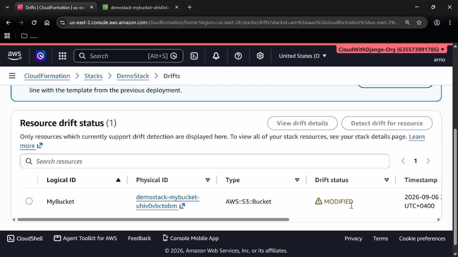 A screenshot of the AWS CloudFormation "Resource drift status" page for a DemoStack, showing an S3 resource named "MyBucket" with a drift status labeled "MODIFIED" and a timestamp.