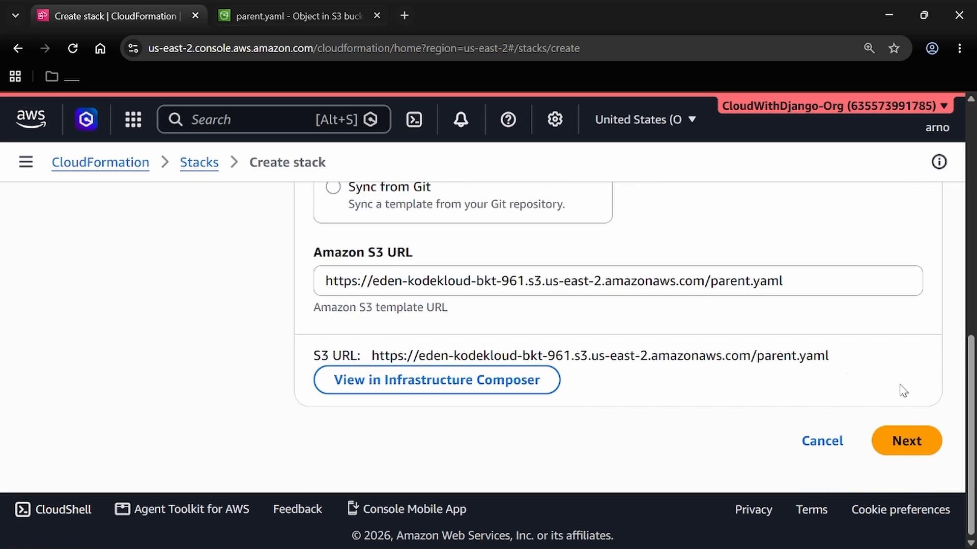 A screenshot of the AWS CloudFormation "Create stack" page showing an Amazon S3 URL field populated with a parent.yaml S3 link and a "View in Infrastructure Composer" button. The bottom of the page shows "Cancel" and "Next" action buttons.