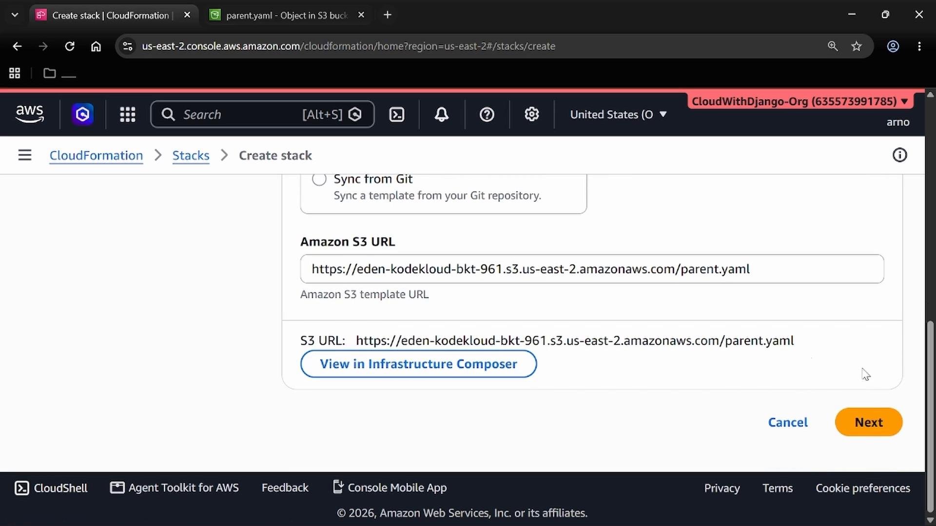 A screenshot of the AWS CloudFormation "Create stack" page showing an Amazon S3 URL field populated with a parent.yaml S3 link and a "View in Infrastructure Composer" button. The bottom of the page shows "Cancel" and "Next" action buttons.