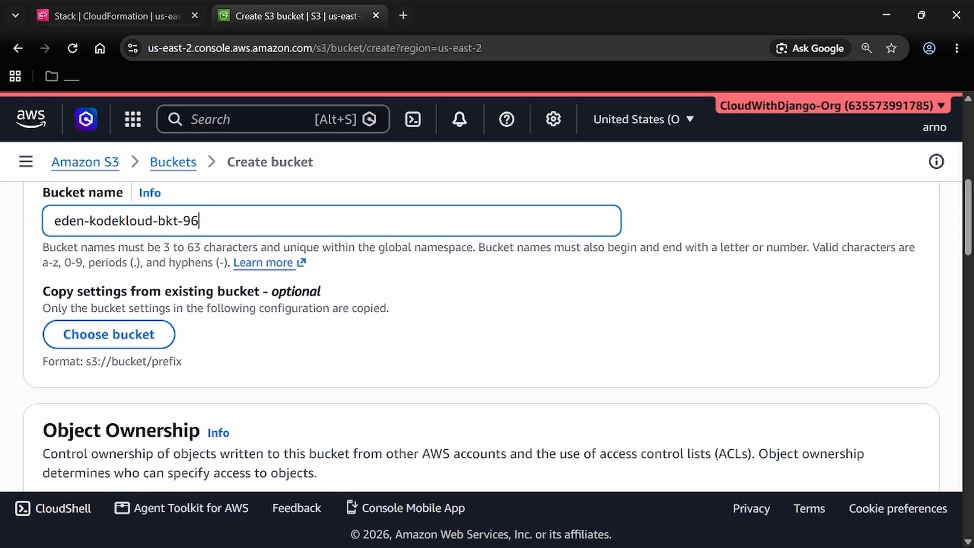 Screenshot of the AWS S3 "Create bucket" console with the bucket name field filled as "eden-kodekloud-bkt-96" and a button to choose/copy settings from an existing bucket. The lower part of the page shows the "Object Ownership" settings section.
