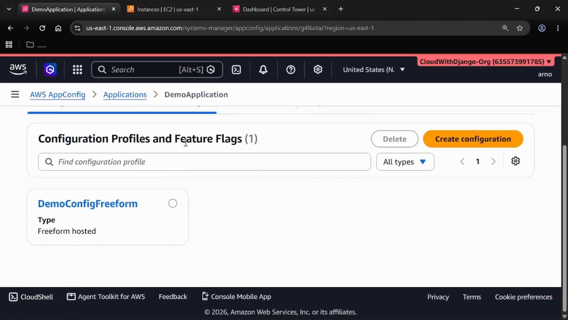 A screenshot of the AWS AppConfig console showing the "Configuration Profiles and Feature Flags" page for a DemoApplication, with a listed profile named "DemoConfigFreeform" and a prominent "Create configuration" button. The top navigation bar shows the region/account area, search field, and other AWS console controls.