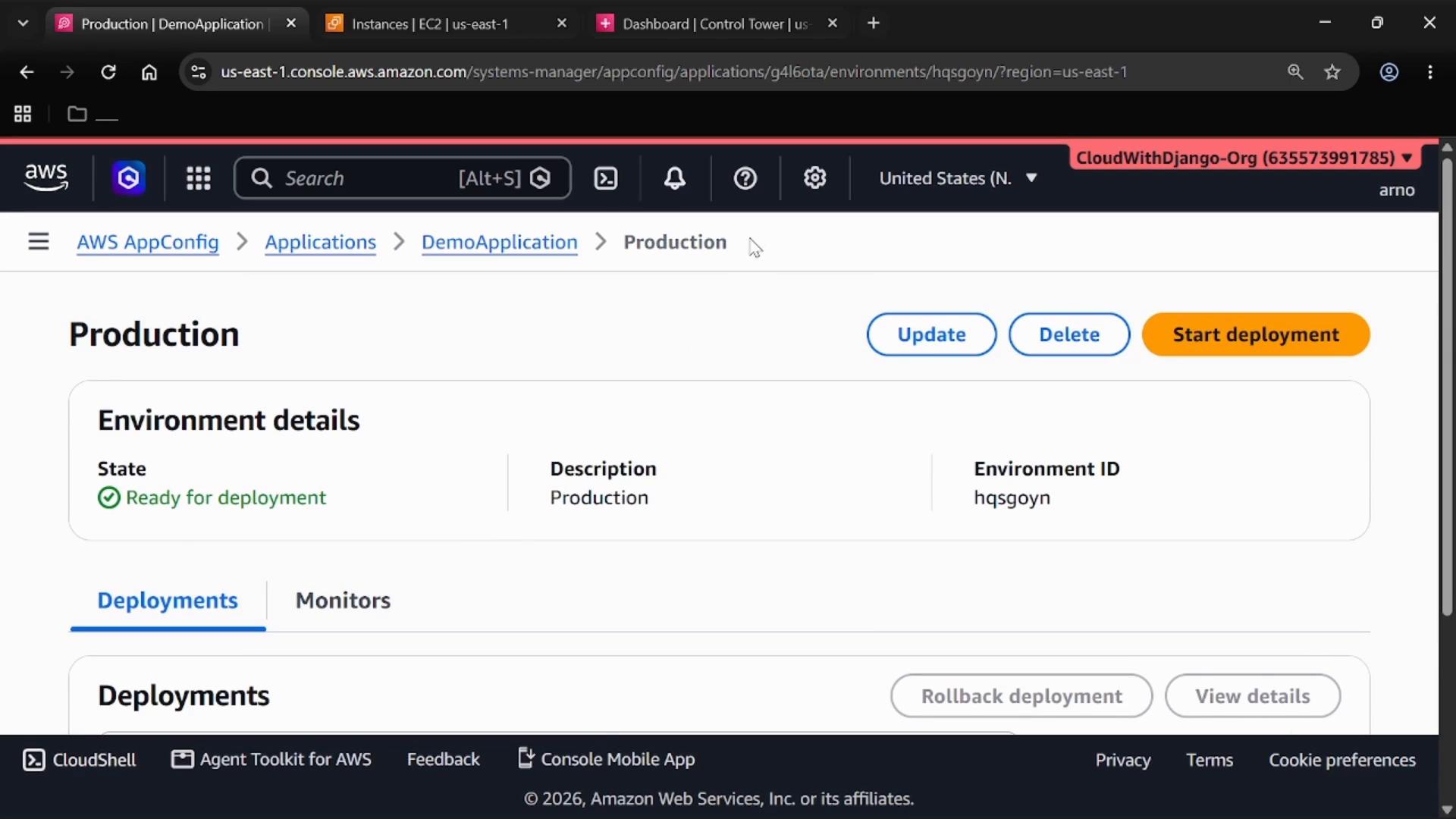 A screenshot of the AWS AppConfig console showing the "Production" environment for a DemoApplication, marked "Ready for deployment" with buttons to Update, Delete, and Start deployment. The Environment ID "hqsgoyn" and tabs for Deployments and Monitors are visible.