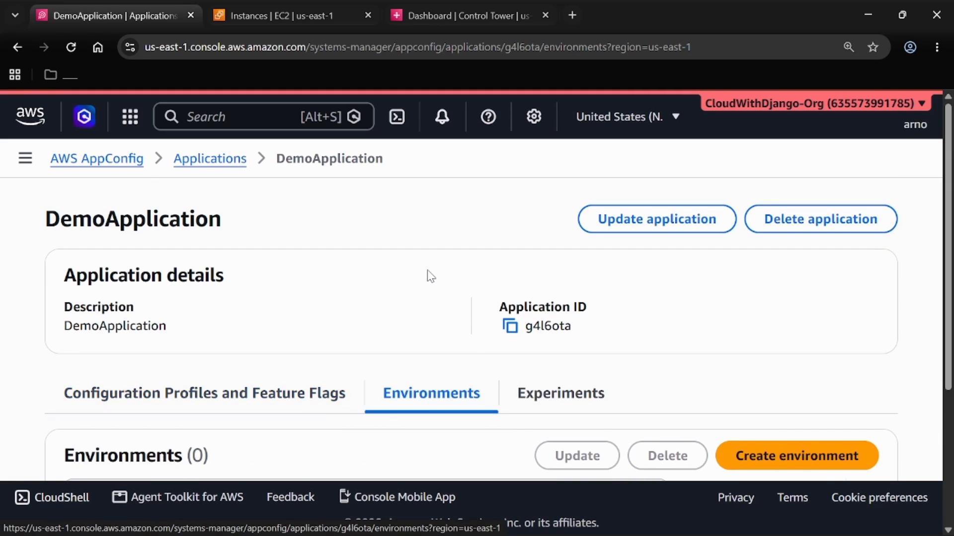 Screenshot of the AWS AppConfig console showing a "DemoApplication" details page with Application ID "g4l6ota" and buttons to update or delete the application. The page also shows tabs for Configuration Profiles, Environments, Experiments and a highlighted "Create environment" button.