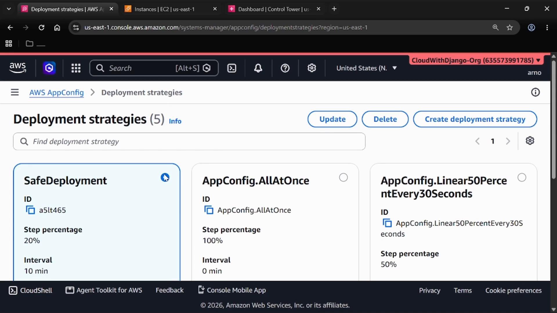 Screenshot of the AWS AppConfig "Deployment strategies" console. It shows listed strategies (SafeDeployment, AppConfig.AllAtOnce, AppConfig.Linear50PercentEvery30Seconds) with buttons to Update, Delete, or Create a deployment strategy.