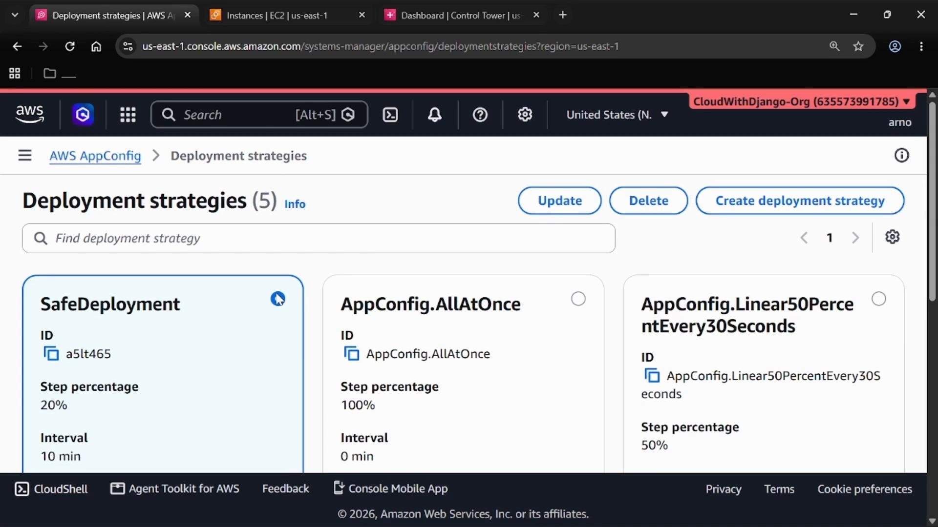 Screenshot of the AWS AppConfig "Deployment strategies" console. It shows listed strategies (SafeDeployment, AppConfig.AllAtOnce, AppConfig.Linear50PercentEvery30Seconds) with buttons to Update, Delete, or Create a deployment strategy.