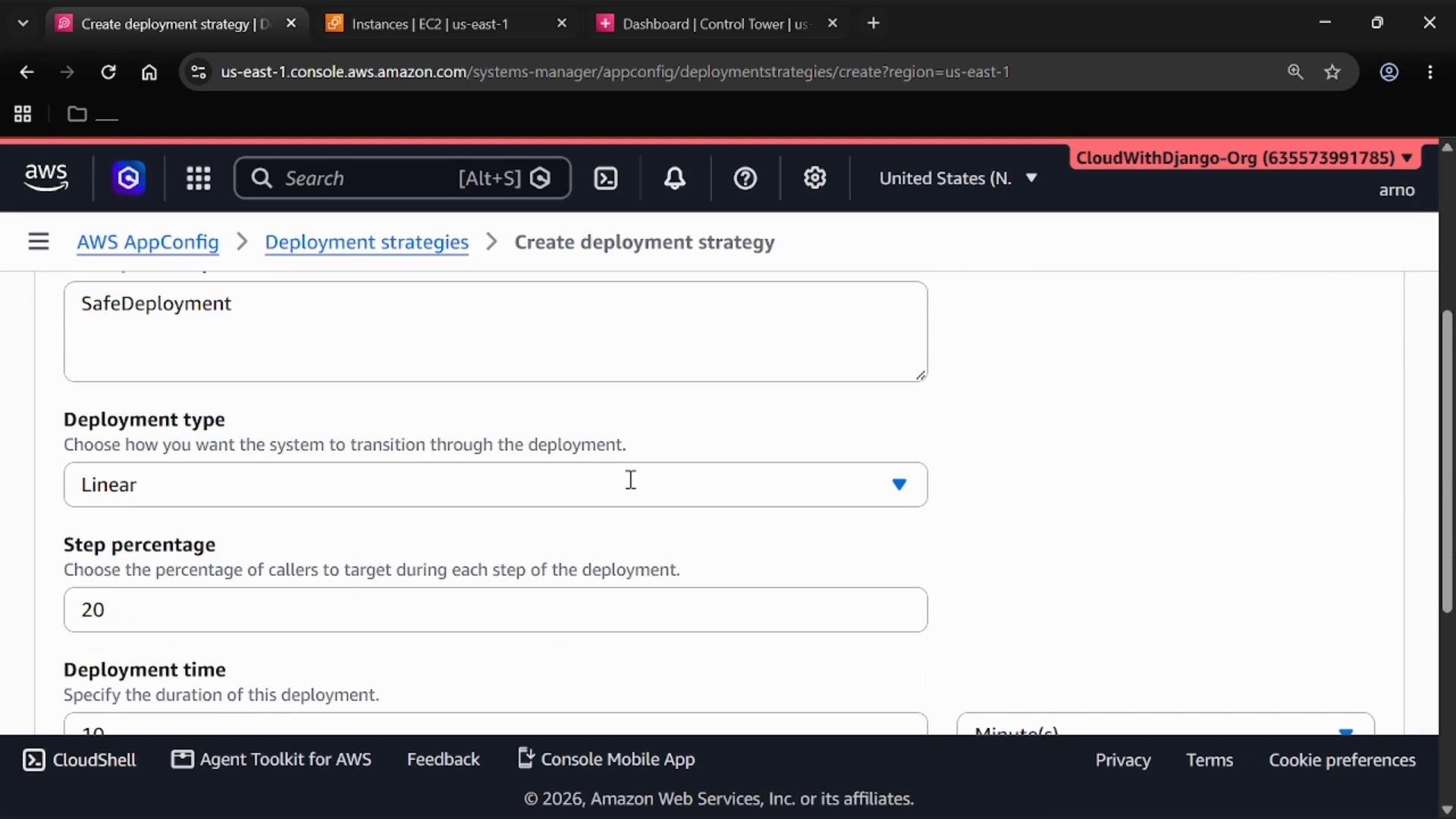 Screenshot of the AWS AppConfig "Create deployment strategy" page in the AWS console, showing fields like Deployment type set to "Linear", Step percentage at 20, and deployment time settings.