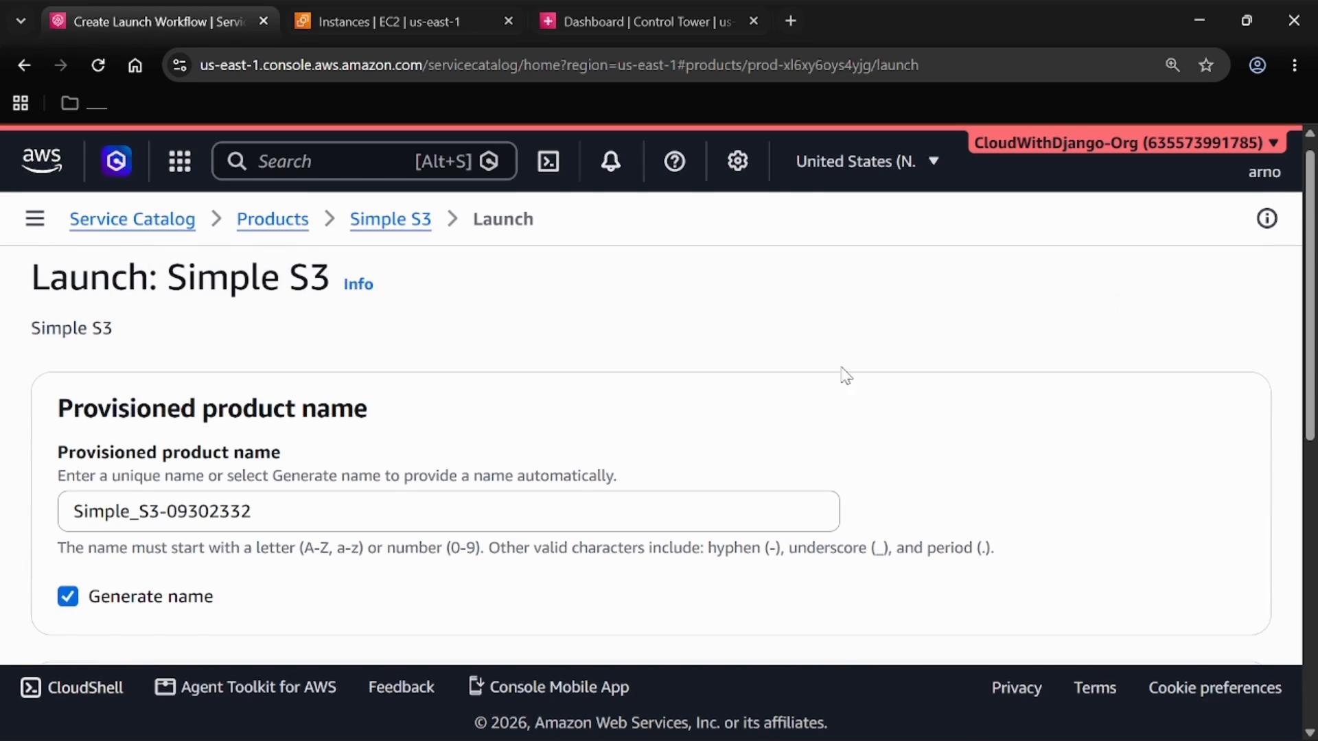 A screenshot of the AWS Service Catalog console showing the "Launch: Simple S3" workflow, with a "Provisioned product name" field populated (Simple_S3-09302332) and a checked "Generate name" option. The page header and navigation elements of the AWS web console are visible.