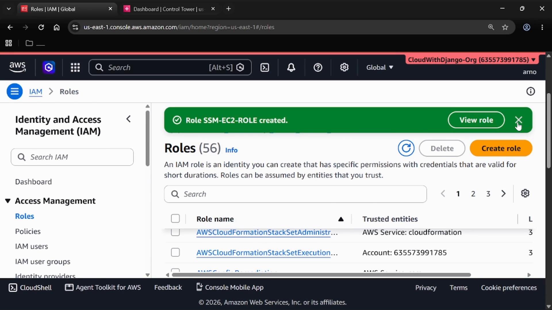 A screenshot of the AWS Identity and Access Management (IAM) Roles console showing a green confirmation banner "Role SSM-EC2-ROLE created." The page lists IAM roles and shows controls to create or delete roles.