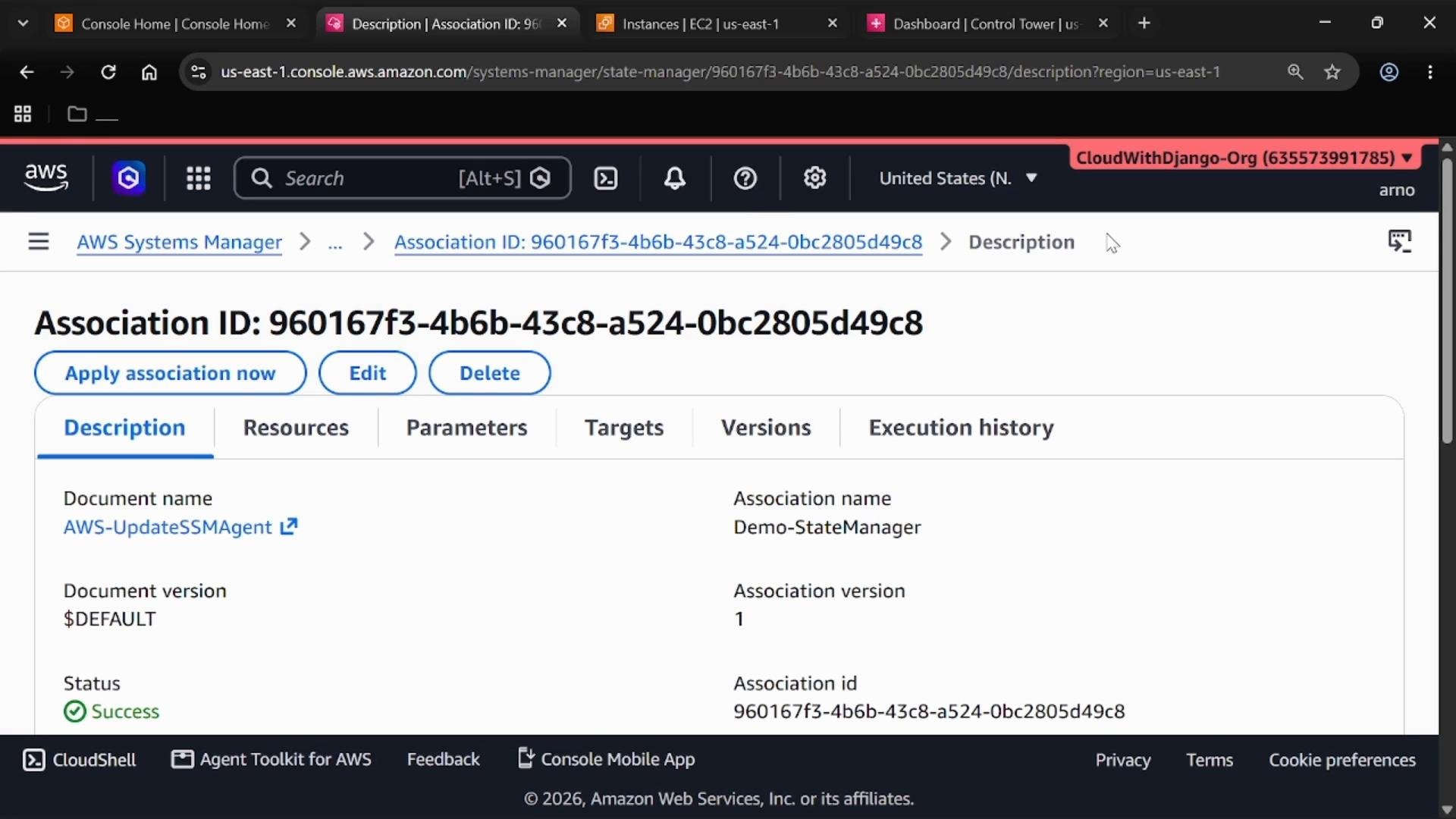 A screenshot of the AWS Systems Manager console showing an association details page with Association ID 960167f3-4b6b-43c8-a524-0bc2805d49c8 and buttons like "Apply association now," "Edit," and "Delete." The page displays tabs (Description, Resources, Parameters, Targets, Versions, Execution history) and association metadata such as document name AWS-UpdateSSMAgent and a "Success" status.