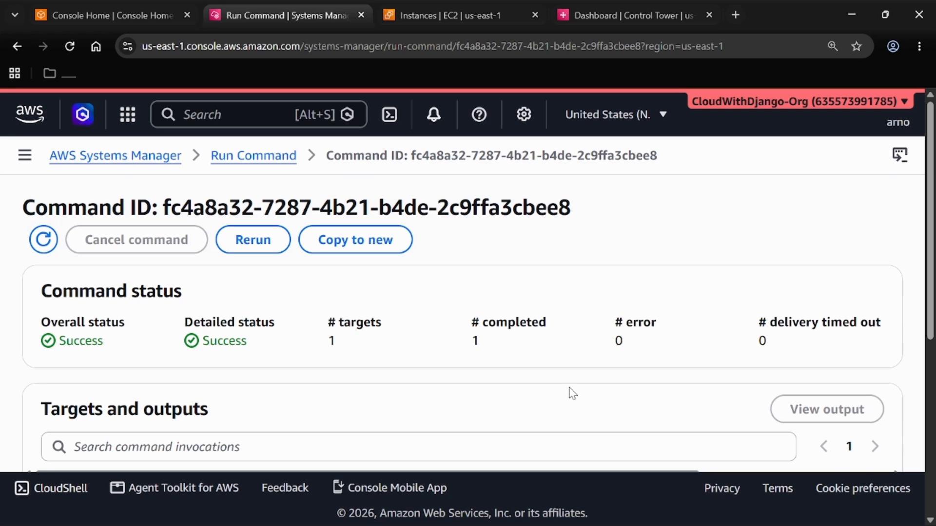 Screenshot of the AWS Systems Manager Run Command console showing a specific Command ID. The command status shows "Success" with 1 target completed and 0 errors.