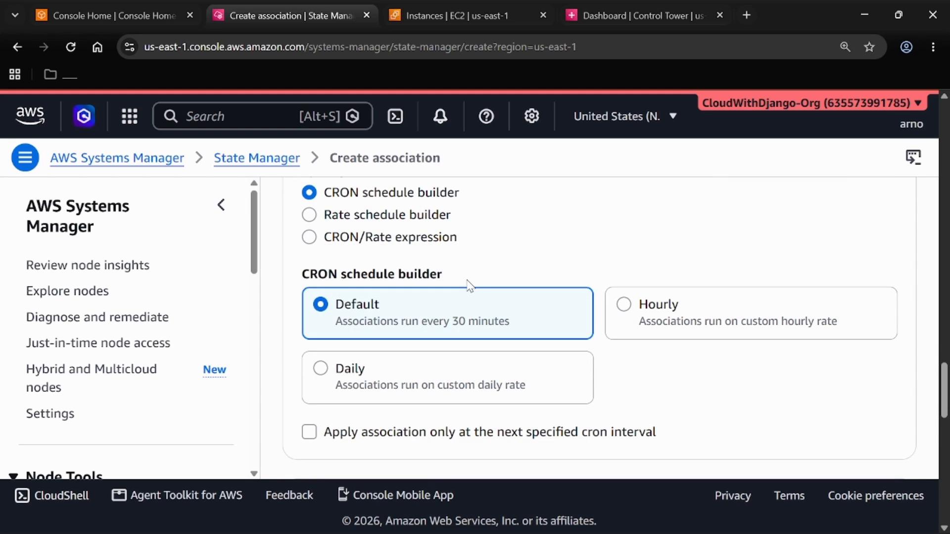 A screenshot of the AWS Systems Manager "Create association" page showing the CRON schedule builder with the "Default" option (associations run every 30 minutes) selected, and the left navigation menu listing Systems Manager features.