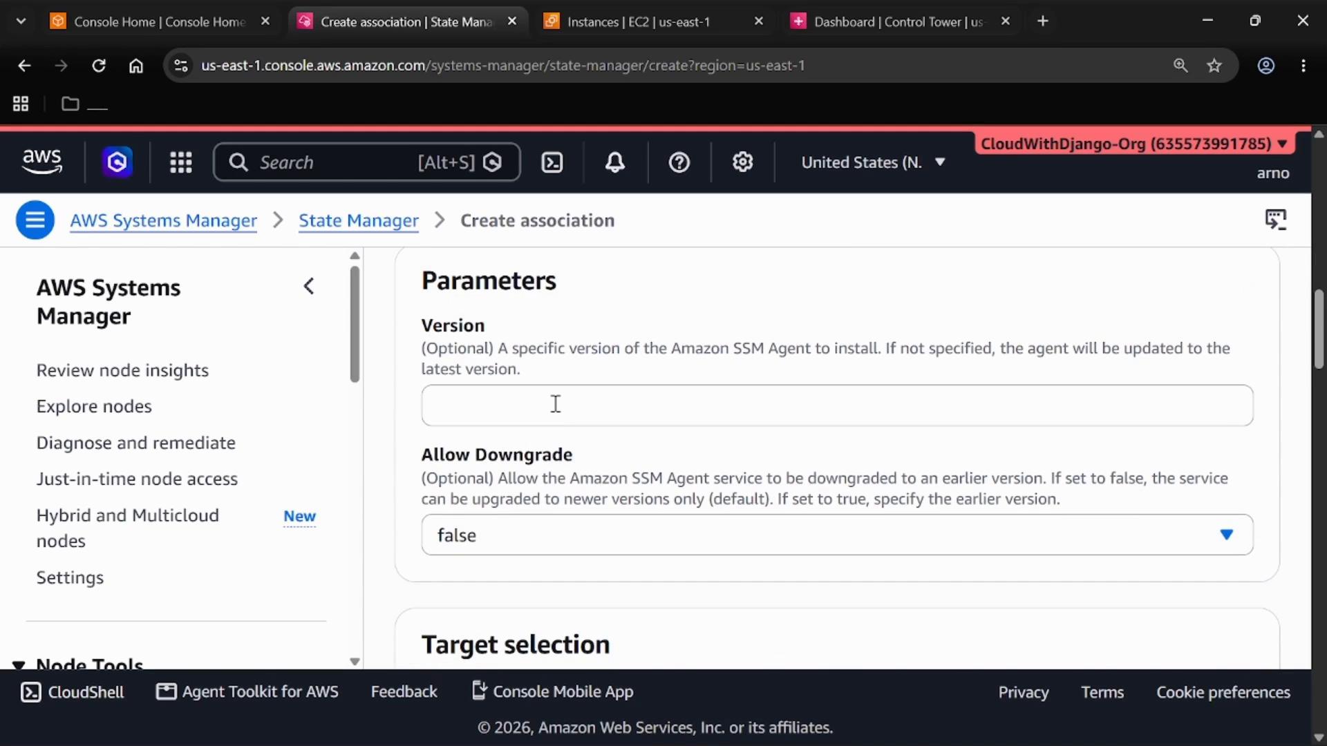 A screenshot of the AWS Systems Manager web console on the "Create association" page, showing the Parameters section with a Version input and "Allow Downgrade" set to false. The left navigation menu and top browser tabs are also visible.