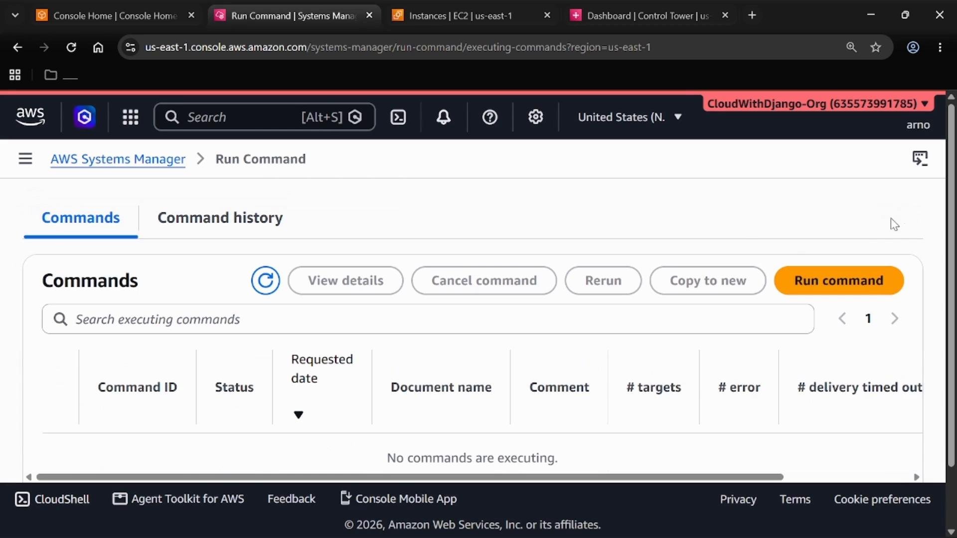 A screenshot of the AWS Systems Manager "Run Command" console showing the Commands tab with options like View details, Cancel command, Rerun and a highlighted "Run command" button. The command list area is empty and displays "No commands are executing."