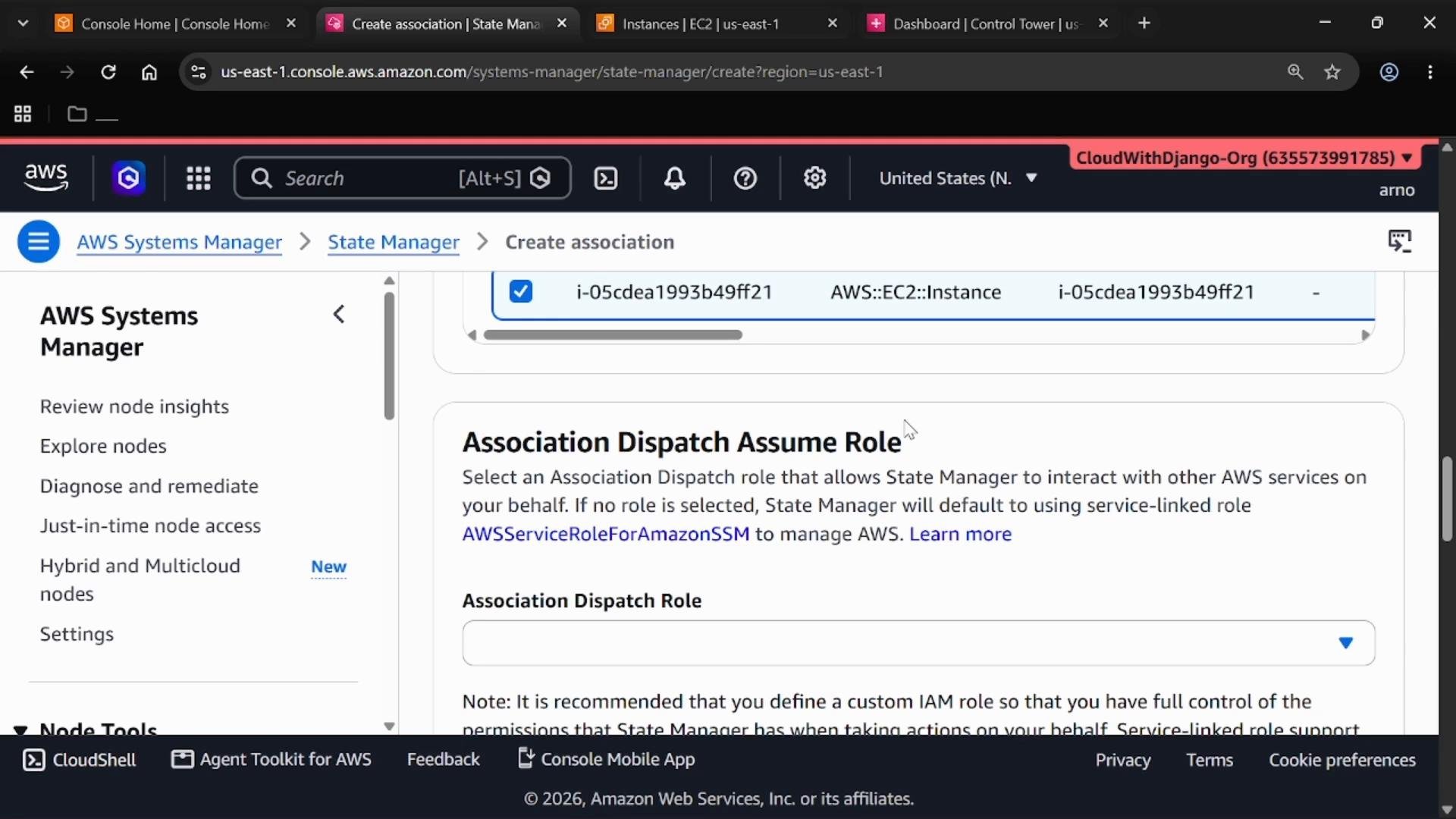 A screenshot of the AWS Management Console showing AWS Systems Manager → State Manager (Create association) with the "Association Dispatch Assume Role" settings panel visible. The left navigation and a selected EC2 instance ID are also shown.