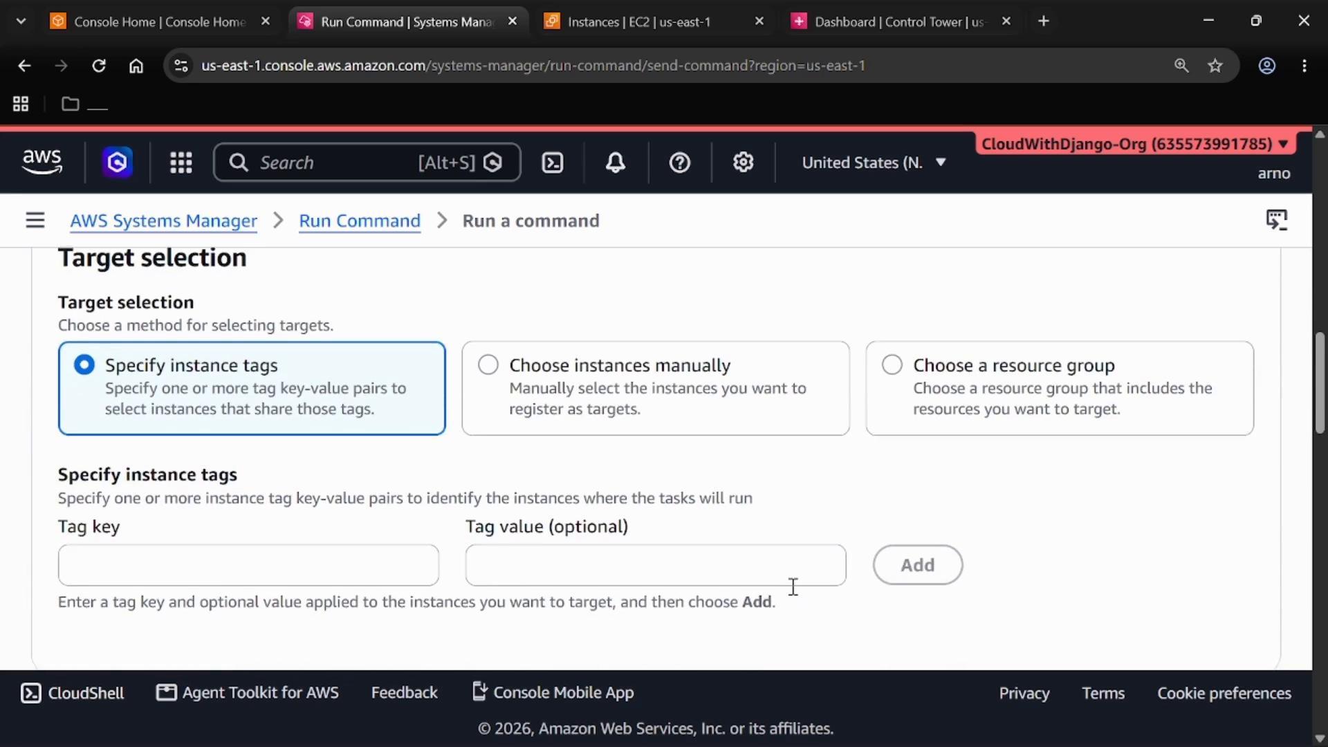A screenshot of the AWS Systems Manager "Run a command" Target selection page, showing target selection options with "Specify instance tags" highlighted. The lower area shows input fields for Tag key and Tag value and an "Add" button.