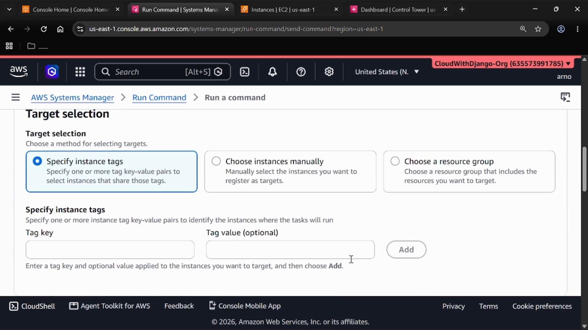 A screenshot of the AWS Systems Manager "Run a command" Target selection page, showing target selection options with "Specify instance tags" highlighted. The lower area shows input fields for Tag key and Tag value and an "Add" button.