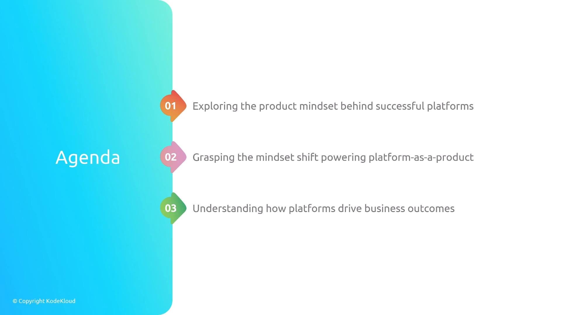 A presentation slide titled "Agenda" with a blue gradient panel on the left. Three numbered items on the right outline topics about the product mindset behind platforms, the shift to platform-as-a-product, and how platforms drive business outcomes.