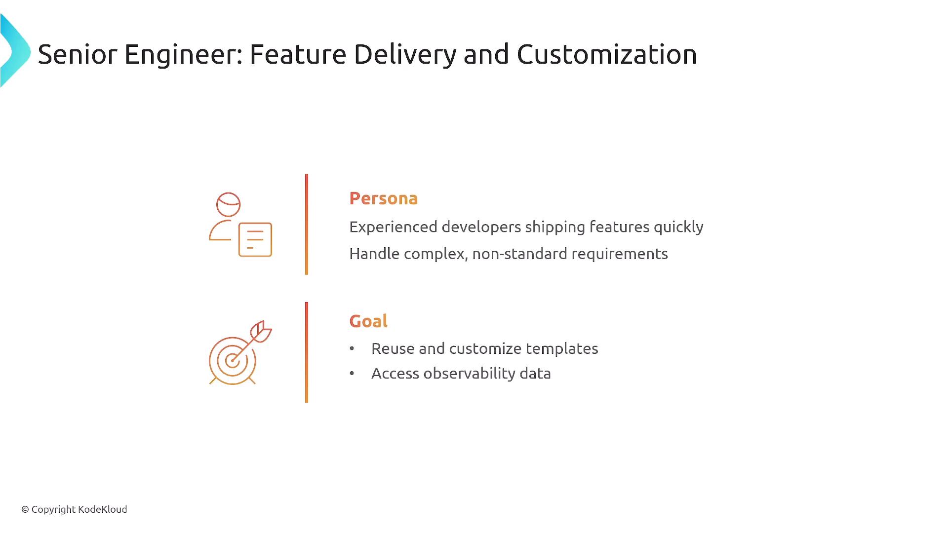 A presentation slide titled "Senior Engineer: Feature Delivery and Customization" with icons and two sections labeled "Persona" and "Goal." The persona notes experienced developers who handle complex, non-standard requirements, and the goals list reusing/customizing templates and accessing observability data.