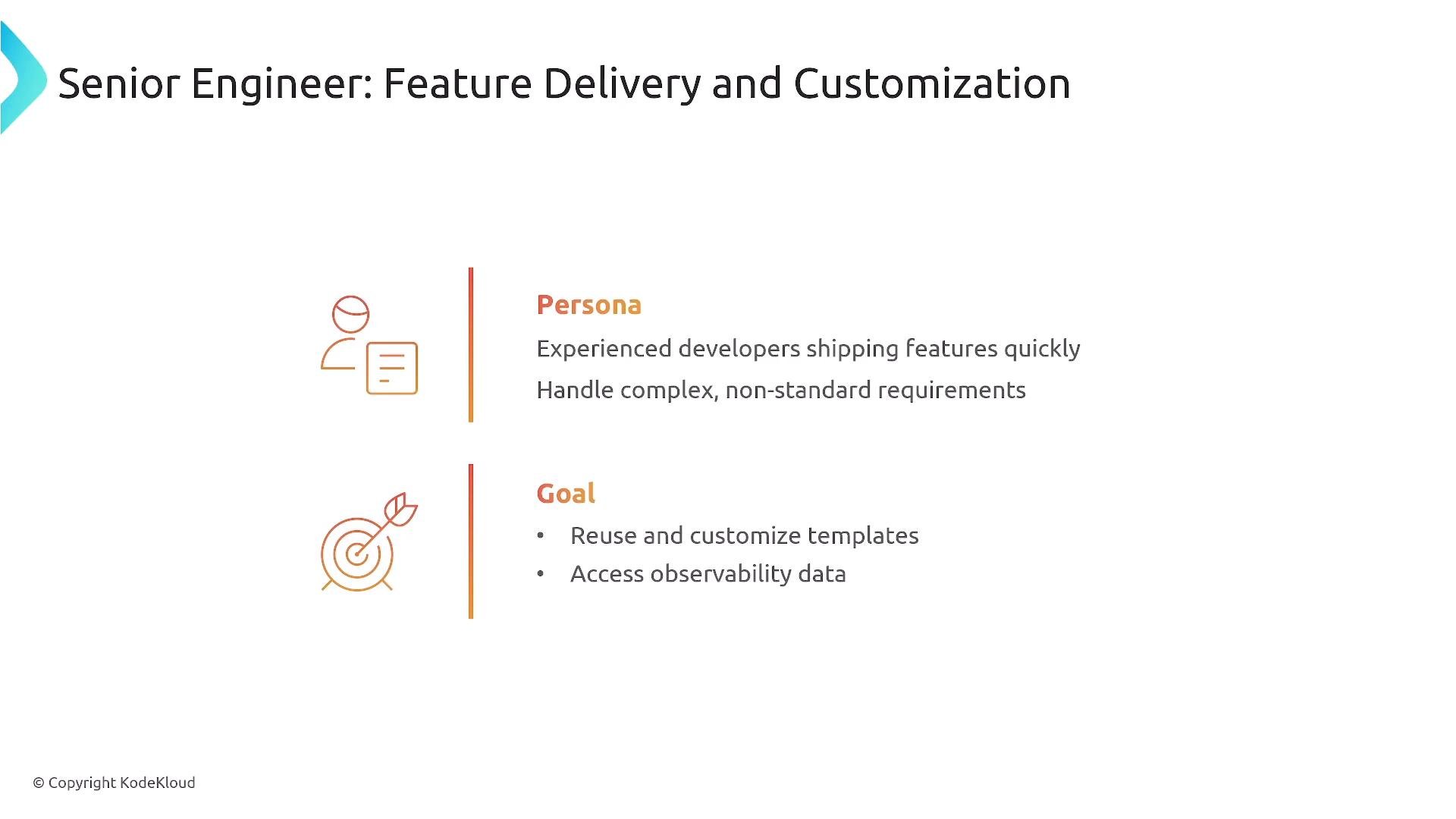 A presentation slide titled "Senior Engineer: Feature Delivery and Customization" with icons and two sections labeled "Persona" and "Goal." The persona notes experienced developers who handle complex, non-standard requirements, and the goals list reusing/customizing templates and accessing observability data.