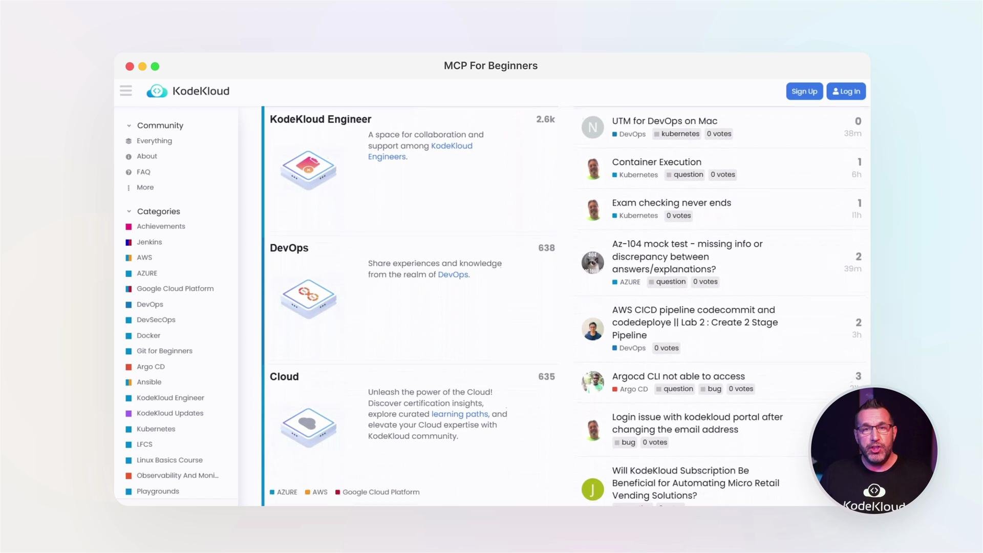A screenshot of the KodeKloud community/forum page showing categories in a left sidebar and discussion threads on the right. A small circular video overlay of a person appears in the lower-right corner.