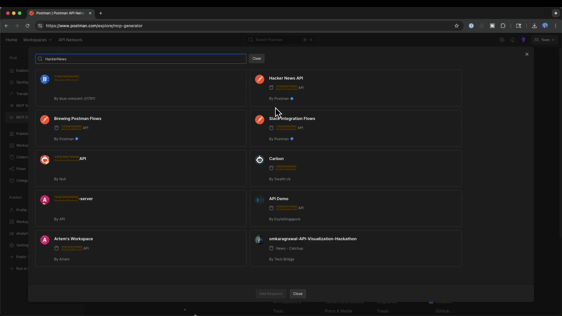 A dark-themed screenshot of the Postman web interface showing search results for "HackerNews" with multiple API/collection entries (e.g., Hacker News API, Brewing Postman Flows, Slack Integration Flows). A mouse cursor is visible hovering over one of the results.