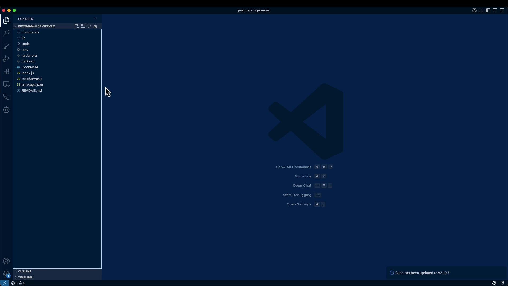 A screenshot of Visual Studio Code with the Explorer sidebar open for a project named "postman-mcp-server," showing files like index.js, mcpServer.js, package.json and a Dockerfile. The main editor area is empty with a large VS Code logo and quick‑command hints on a dark blue background.