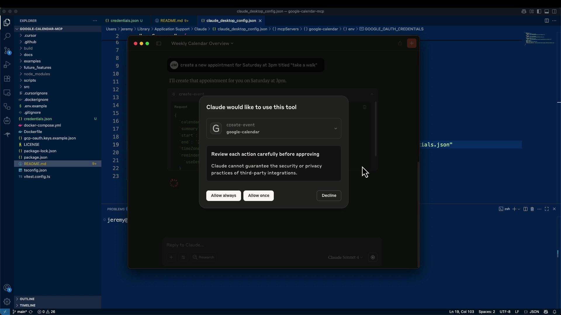 A screenshot of a code editor (likely VS Code) showing a project folder named "GOOGLE-CALENDAR-MCP" in the sidebar. In the center is a modal from "Claude" requesting permission to use a Google Calendar "create-event" tool with buttons for "Allow always," "Allow once," and "Decline."