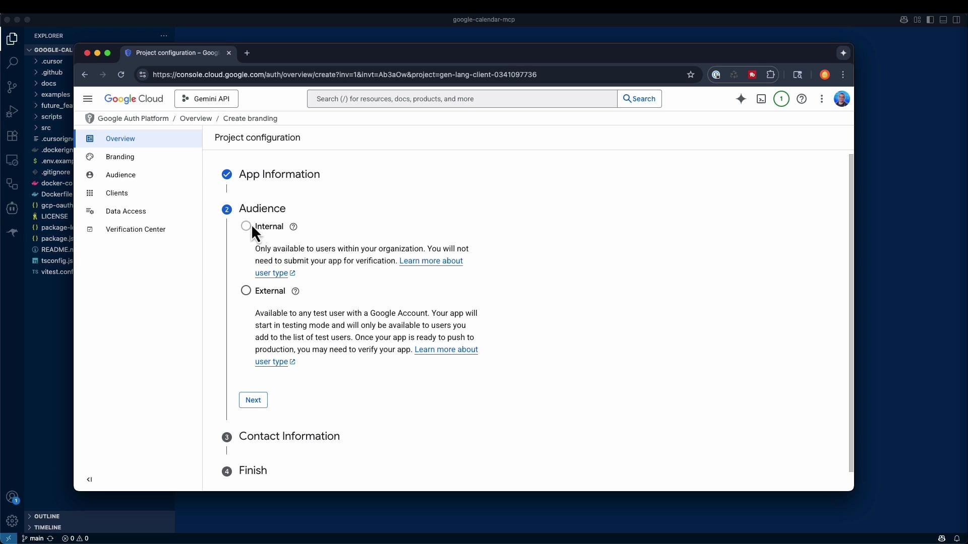 A browser window showing the Google Cloud Console "Project configuration" page with App Information and Audience options (Internal/External) selected. A dark-themed code editor/desktop is visible in the background.