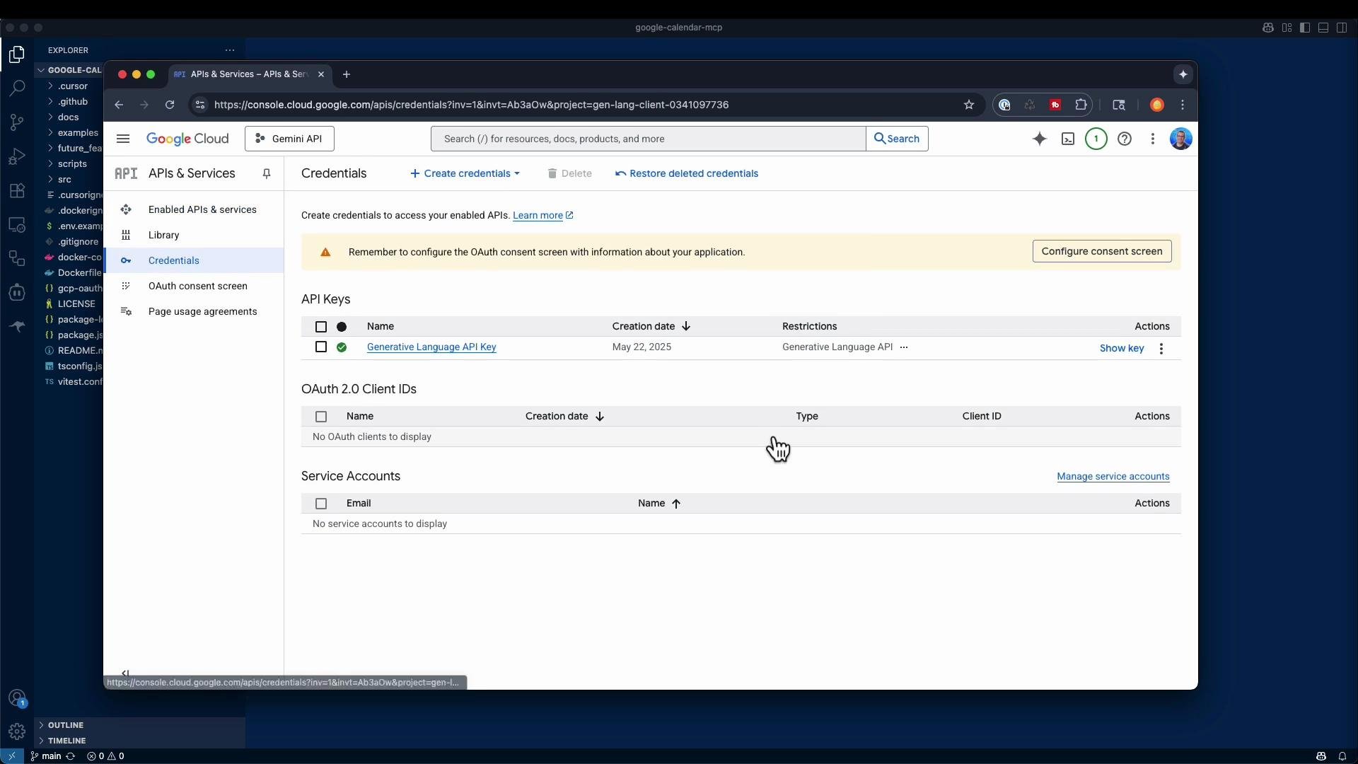 A screenshot of the Google Cloud Console "APIs & Services → Credentials" page showing API Keys and OAuth 2.0 client IDs. One Generative Language API key is listed, and the left sidebar and a code editor are visible in the background.