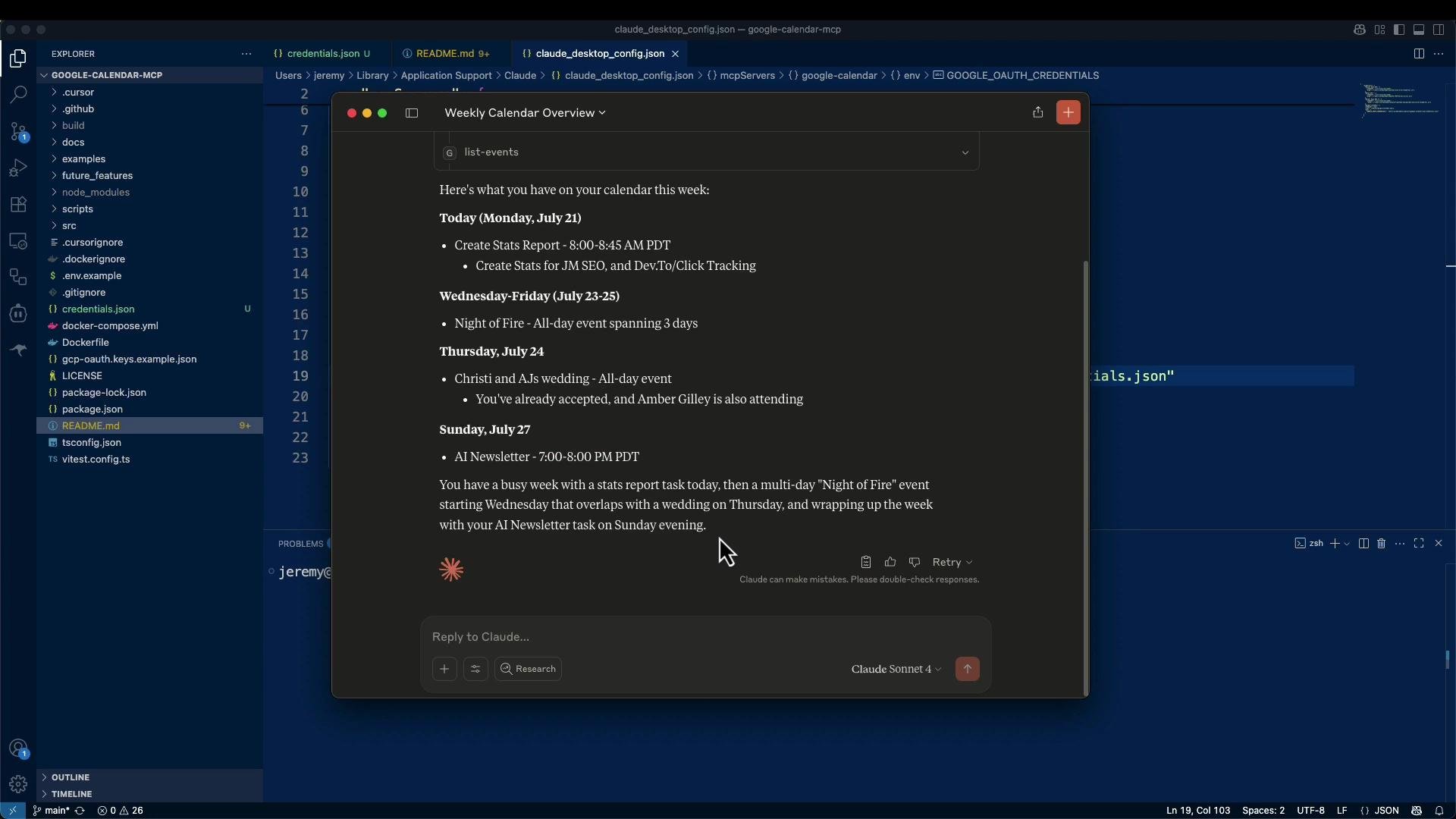 A computer desktop screenshot showing a code editor (file explorer on the left) and a dark pop-up window in the center displaying a "Weekly Calendar Overview" with listed events and times. The editor looks like Visual Studio Code with project files and a JSON file open.