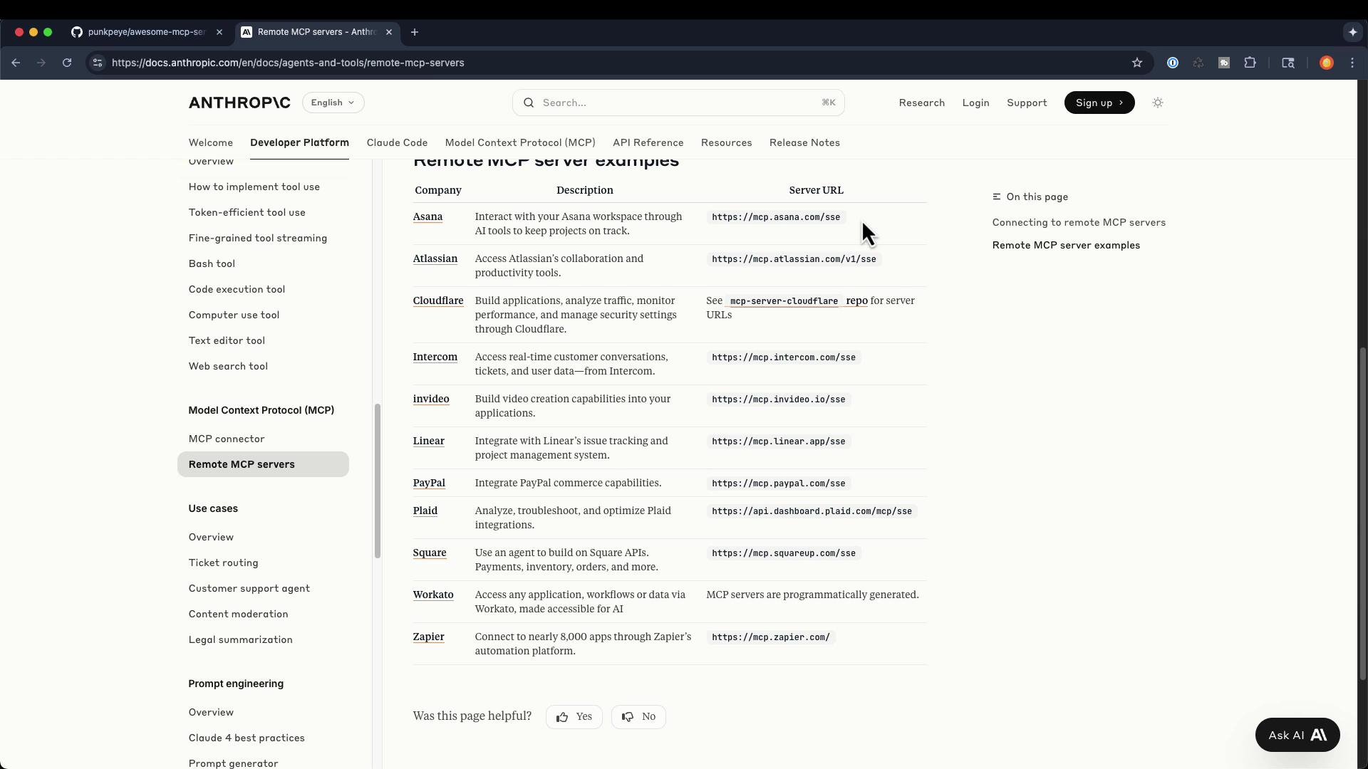 A browser screenshot of the Anthropic developer documentation page titled "Remote MCP server examples." It shows a table listing companies (Asana, Atlassian, Cloudflare, etc.) with descriptions and server URLs alongside a left-hand navigation menu.