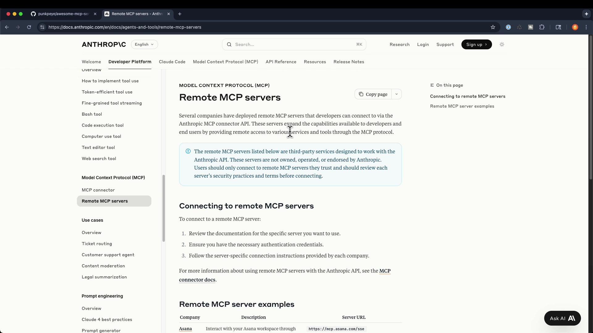 A screenshot of an Anthropic developer documentation page titled "Remote MCP servers," showing a left navigation menu and main content with instructions for connecting to remote MCP servers. The page includes a blue informational notice and example server listings further down.