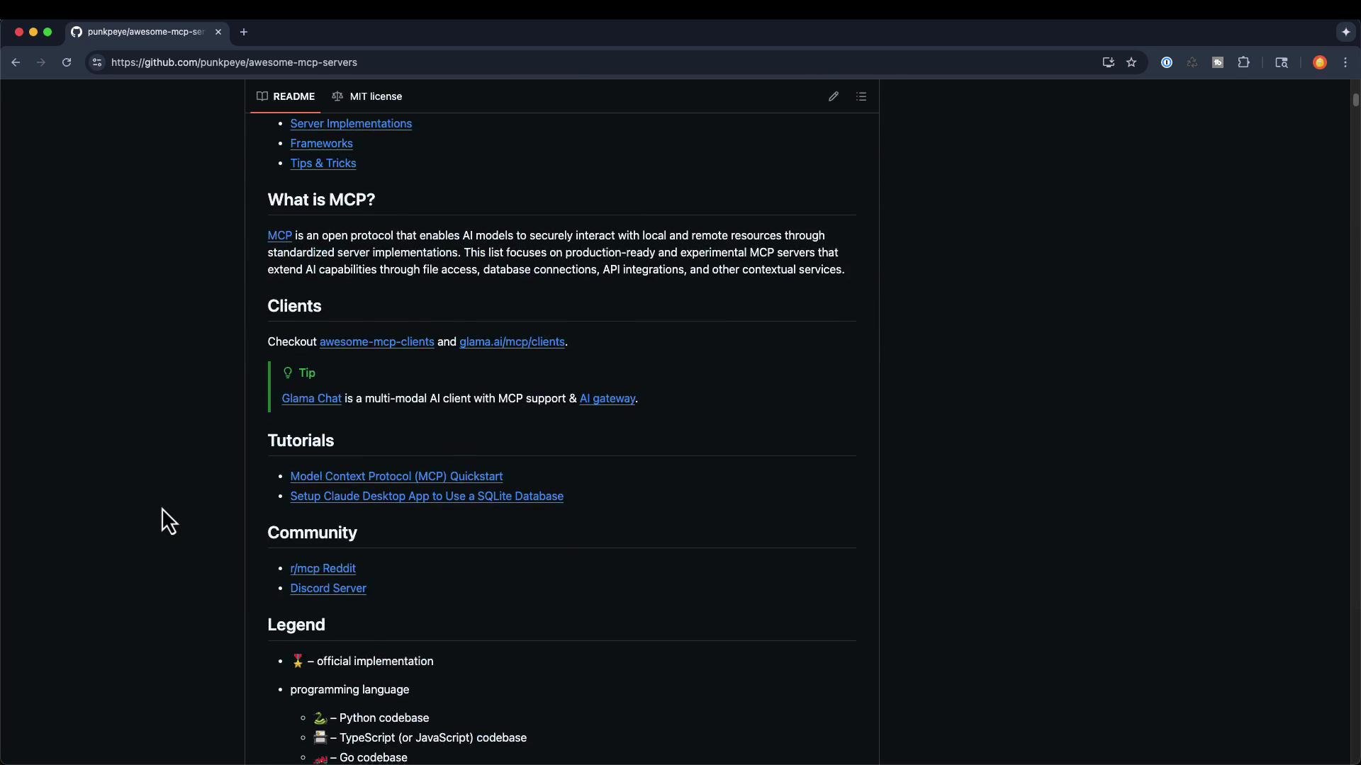 A dark-themed browser screenshot of a GitHub README titled about MCP (Model Context Protocol), showing sections like "What is MCP?", "Clients", and "Tutorials" with links. A large white mouse cursor is visible on the left.