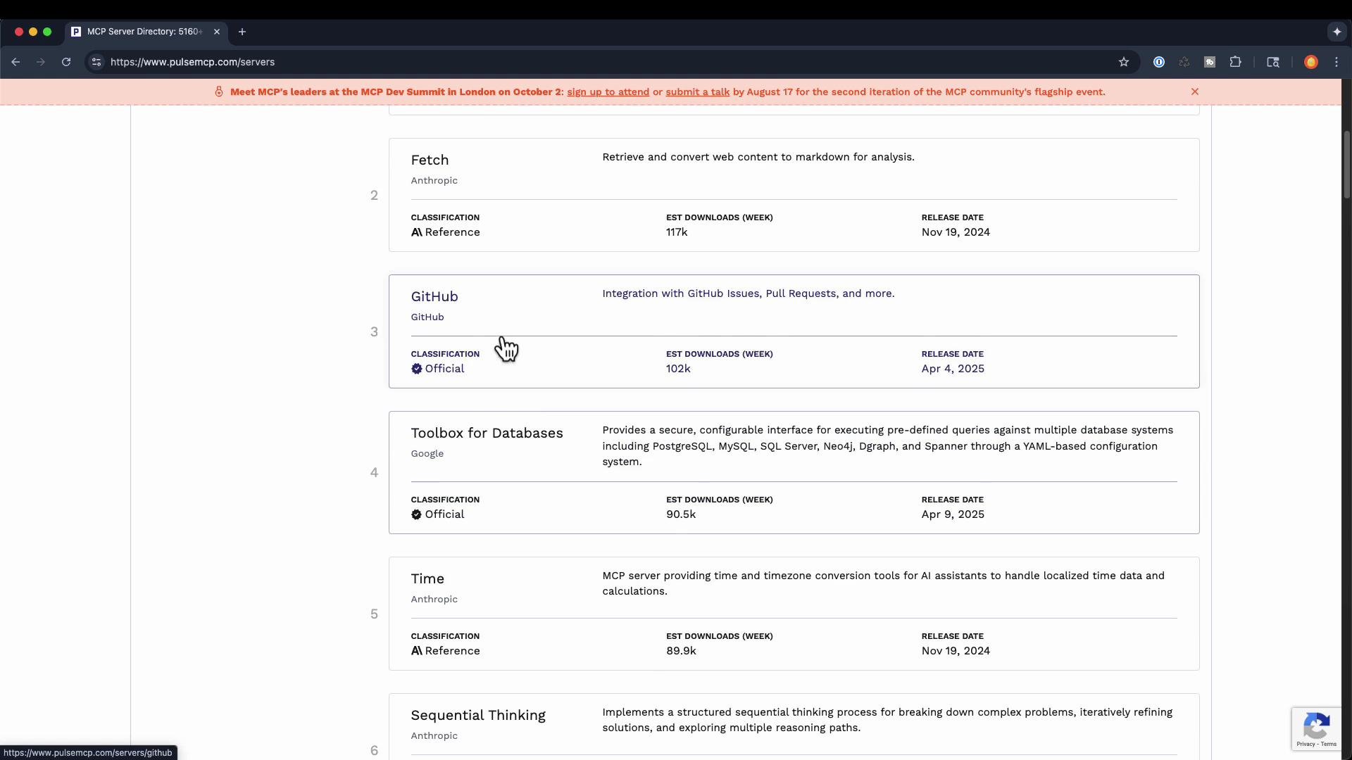 Screenshot of a webpage showing the MCP Server Directory with entries like "Fetch," "GitHub," "Toolbox for Databases," and "Time." Each card lists classification, estimated weekly downloads, and release date.