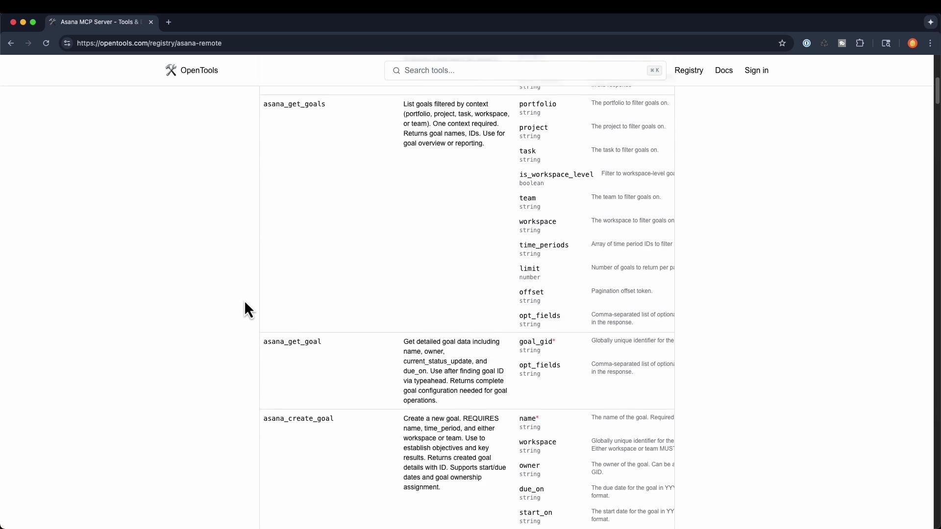 A screenshot of a browser window open to the OpenTools registry, showing a table of Asana API endpoints and their parameter descriptions (e.g., asana_get_goals, asana_get_goal, asana_create_goal). A large white page area with a visible mouse cursor is also shown.