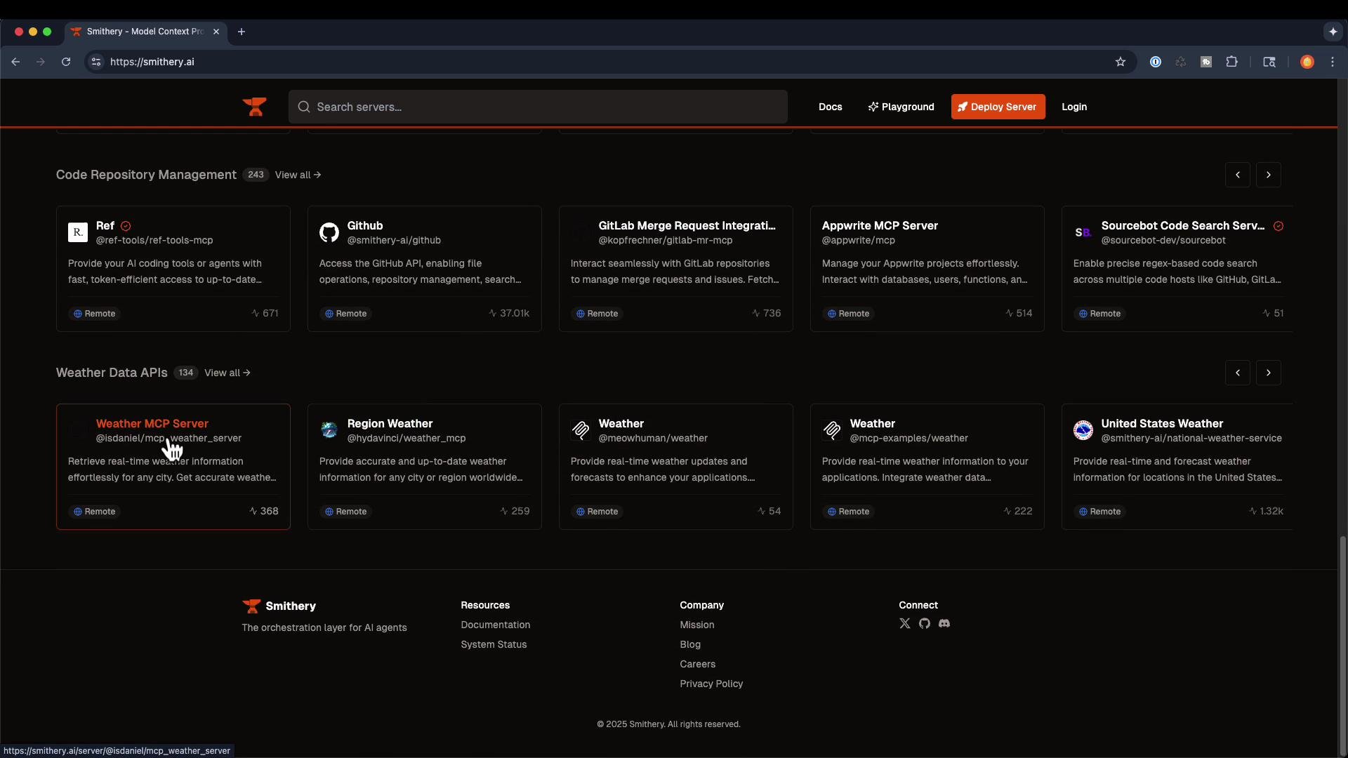 A dark-themed webpage (smithery.ai) showing a catalog of integration/API cards organized under headings like "Code Repository Management" and "Weather Data APIs." Each card lists services such as GitHub, GitLab Merge Request, Weather MCP Server, and United States Weather with brief descriptions and tags.
