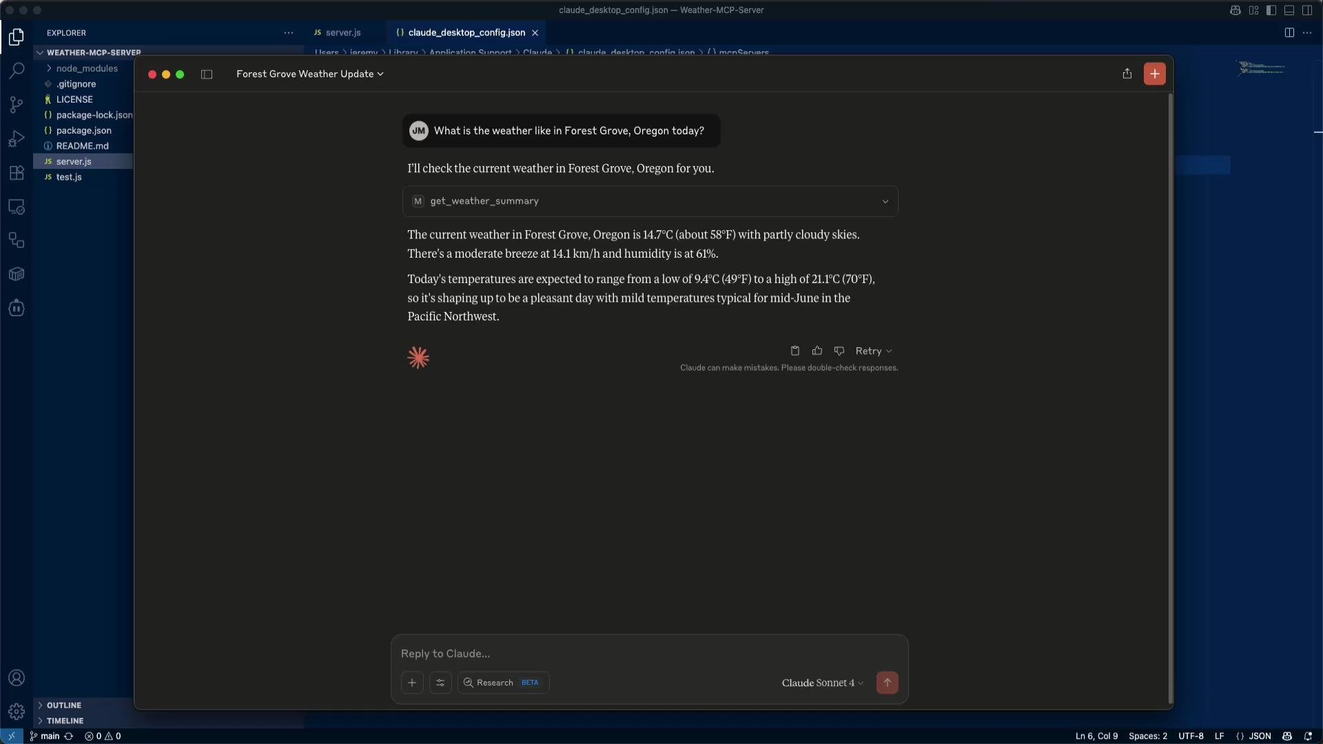 A dark-mode chat window (Claude) in the center displays a weather summary for Forest Grove, Oregon (14.7°C, partly cloudy, ~14.1 km/h breeze, 61% humidity). Behind it is a Visual Studio Code window showing a project with files like server.js.