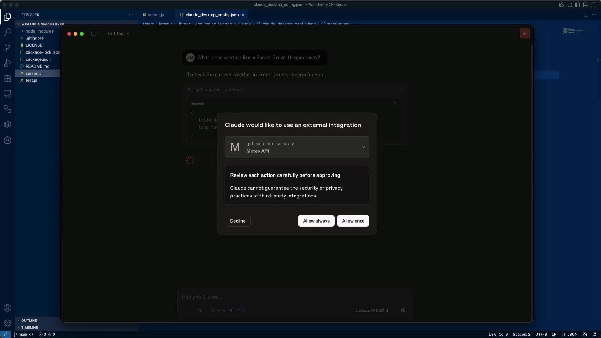 A code editor (project "WEATHER-MCP-SERVER") is visible behind a dark permission modal. The modal asks to allow "Claude" to use an external "get_weather_summary" Meteo API, with buttons to Decline, Allow always, or Allow once.