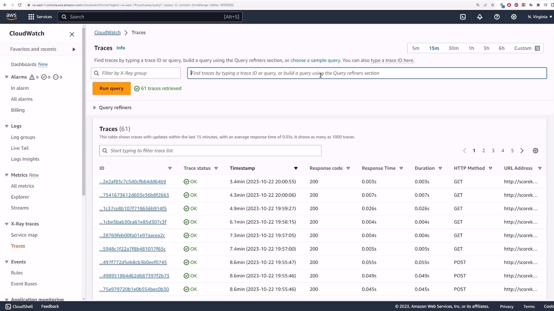 A screenshot of the AWS CloudWatch "Traces" (X-Ray) console showing a table of recent trace IDs with status (OK), timestamps, response codes and response times. The left sidebar shows CloudWatch navigation items like Alarms, Logs and Metrics.