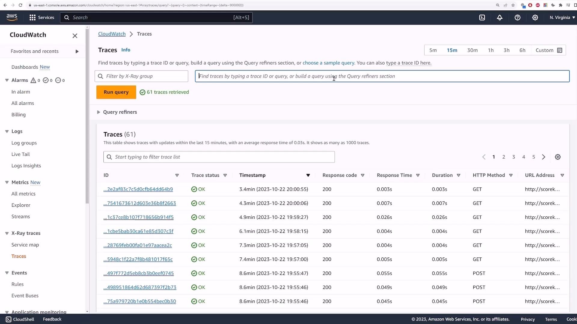 A screenshot of the AWS CloudWatch "Traces" (X-Ray) console showing a table of recent trace IDs with status (OK), timestamps, response codes and response times. The left sidebar shows CloudWatch navigation items like Alarms, Logs and Metrics.