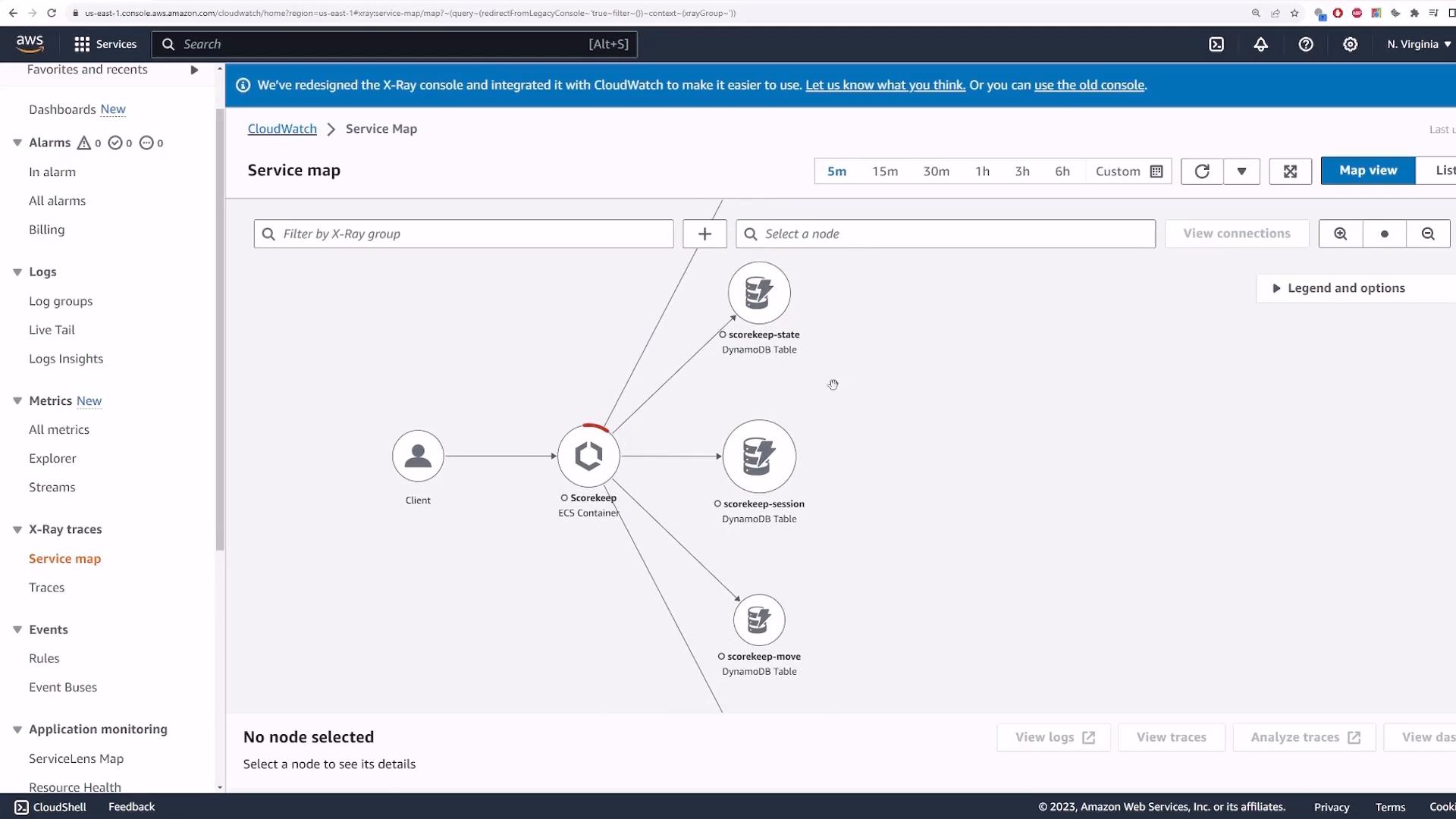 A screenshot of the AWS CloudWatch X-Ray Service Map showing a central ECS container node labeled "Scorekeep" connected to several DynamoDB table nodes (scorekeep-state, scorekeep-session, scorekeep-move) and a Client node. The CloudWatch console navigation pane and toolbar are visible on the left and top.