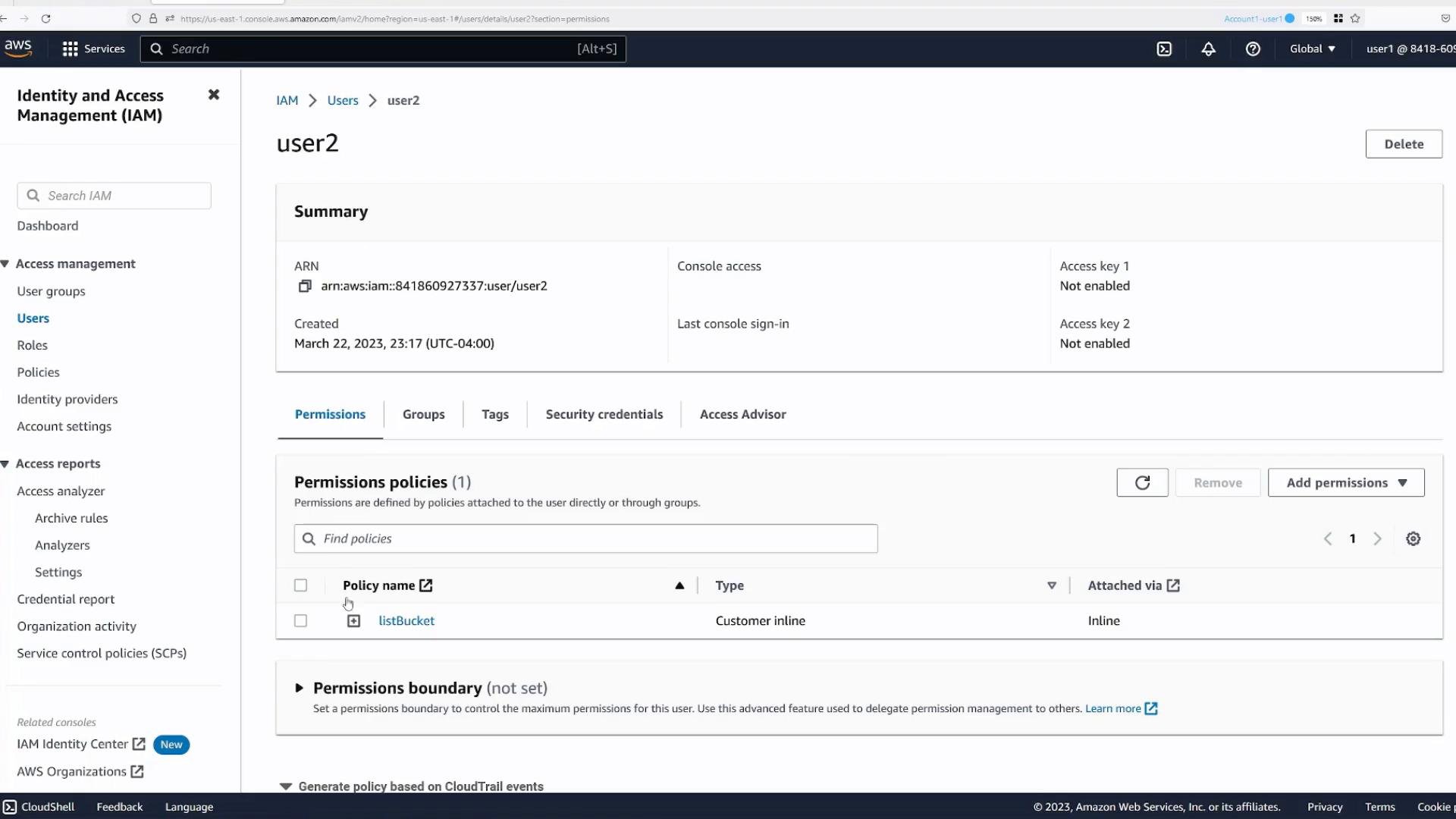 A screenshot of the AWS Identity and Access Management (IAM) console showing the user "user2" summary and the Permissions tab. It displays the user's ARN, creation date, access key status, and an attached inline policy named "listBucket."