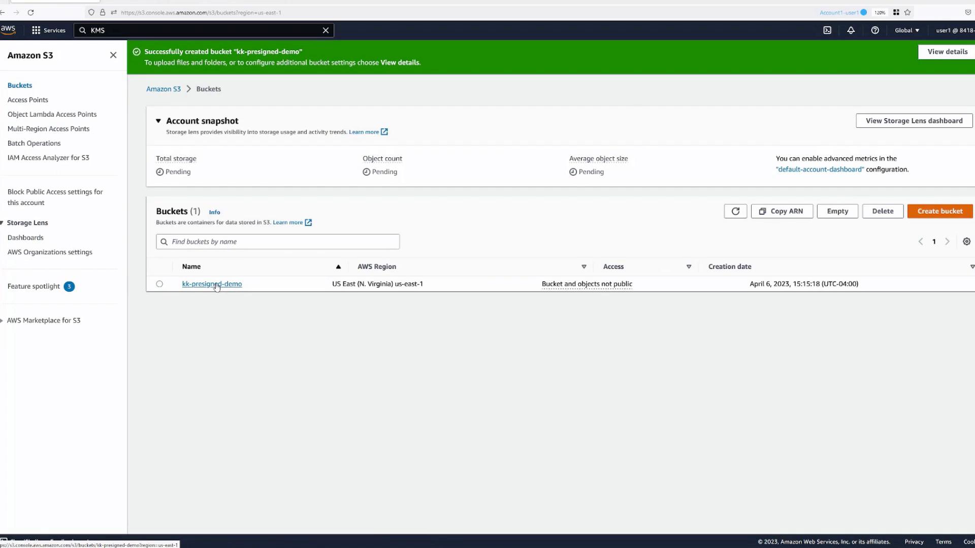 A screenshot of the Amazon S3 console showing an "Account snapshot" and a single bucket named "kk-presigned-demo" in the US East (N. Virginia) region. A green banner at the top indicates the bucket was successfully created.